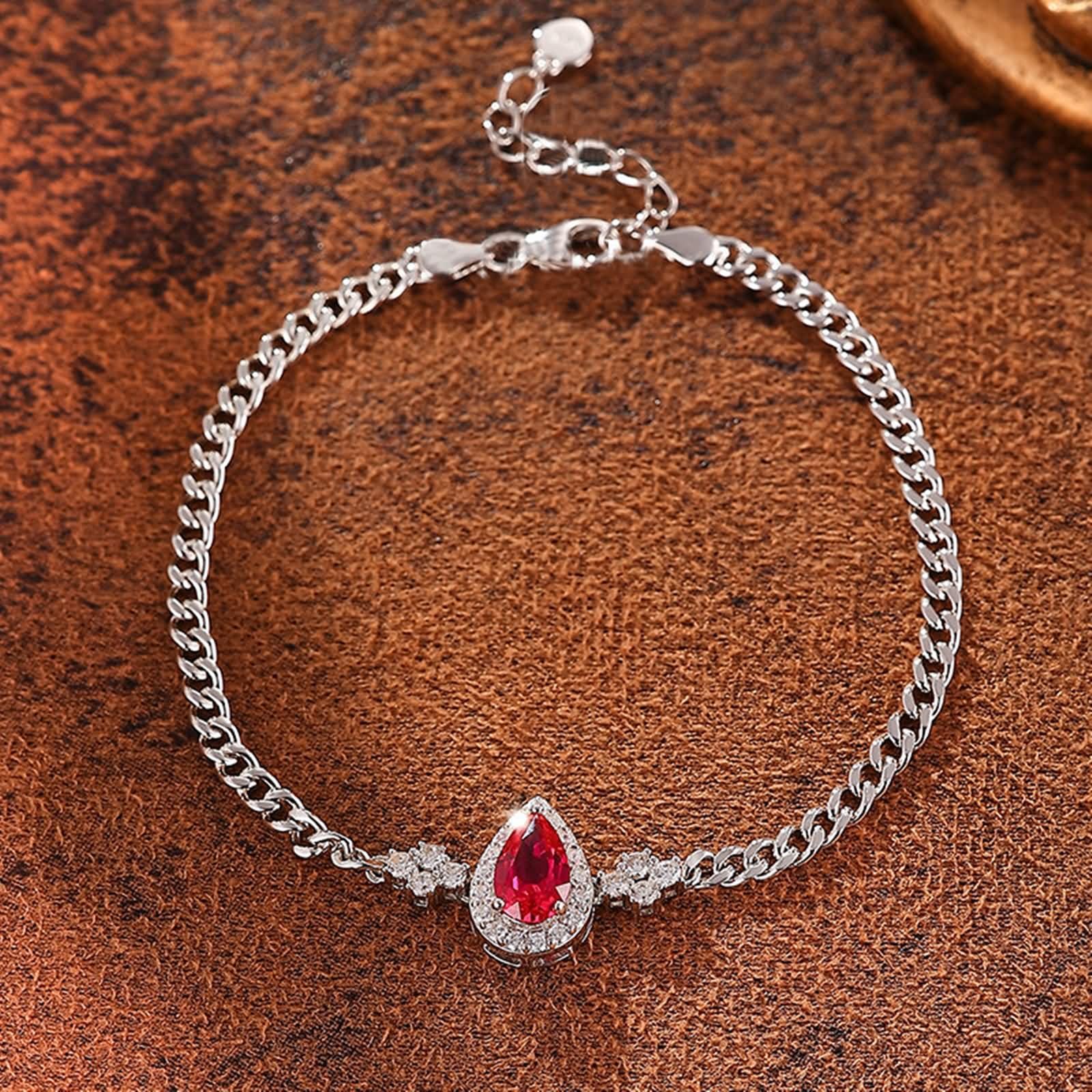 Pulsera Mujer de Oro Blanco de 9Kilates / 14Kilates / 18Kilates, Gota de Agua con Rubí Creado de 1,2 ct y Moissanita, Cadena Extensible 16 CM + 5 CM, Pulseras de Ajustable Mujer Plata Rojo
