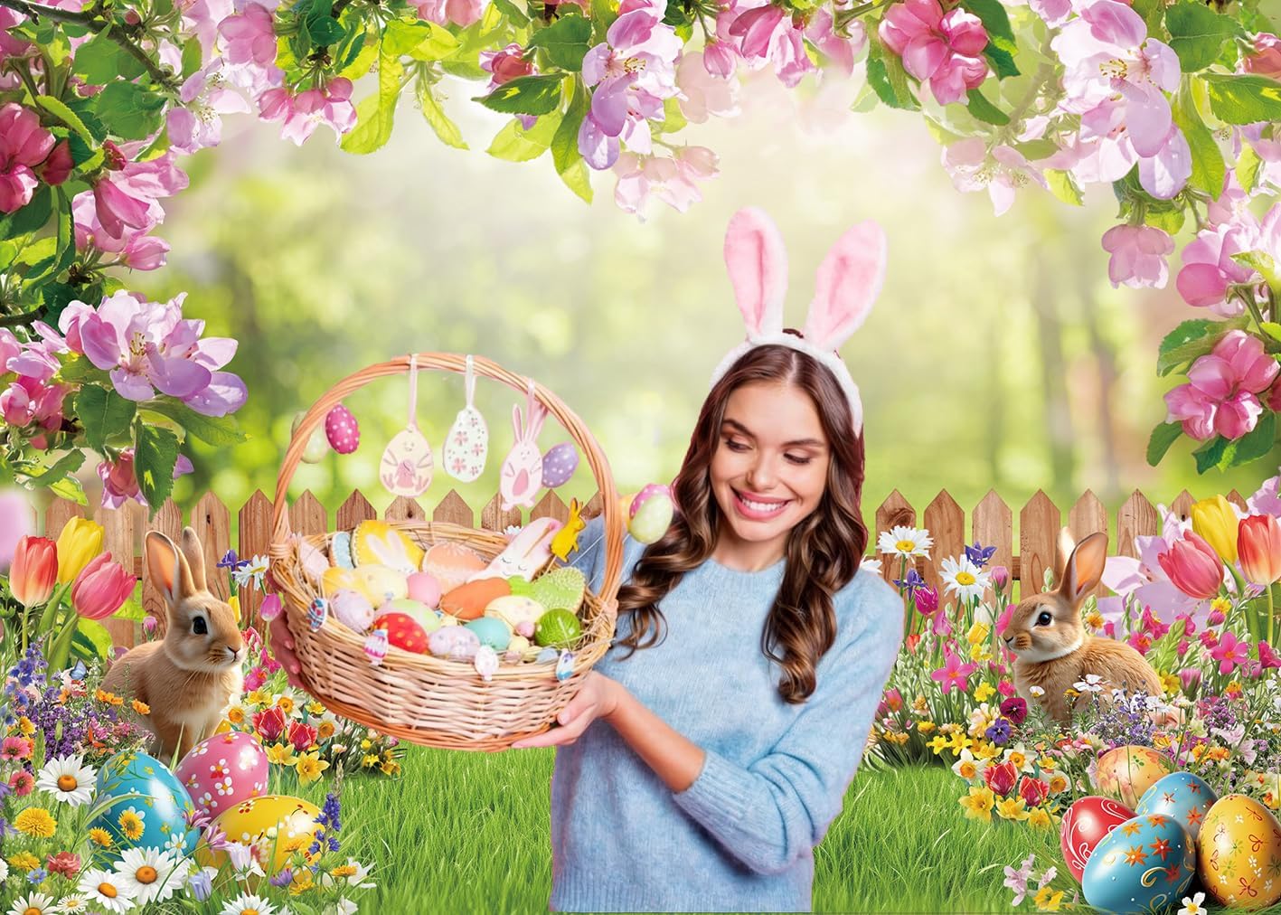 Spring Easter Backdrop Spring Garden Colorful Eggs Photography Background Easter Party Decorations Banner Kids Baby Shower Birthday Photo Props (120x96 inch (10x8FT))