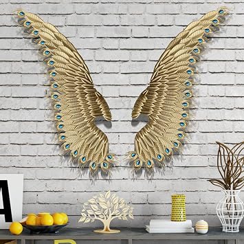 CXYZM Angel Wing Metal Wall Art, Glowing Peacock Feather Sculpture, Wrought Iron Backlit Wall Decor, Modern Hanging Ornament for Living Room Bedroom Home Decoration