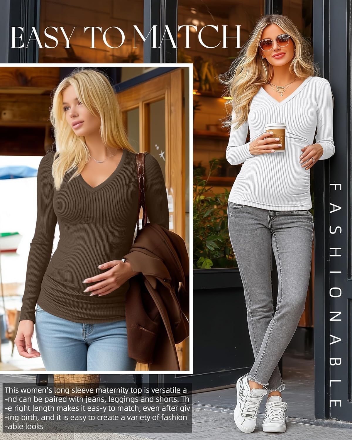 4 Pack Women's Maternity Shirts, Cotton Long Sleeve Pregnancy Tops Ribbed V Neck Slim Fit Maternity Clothes - Image 2