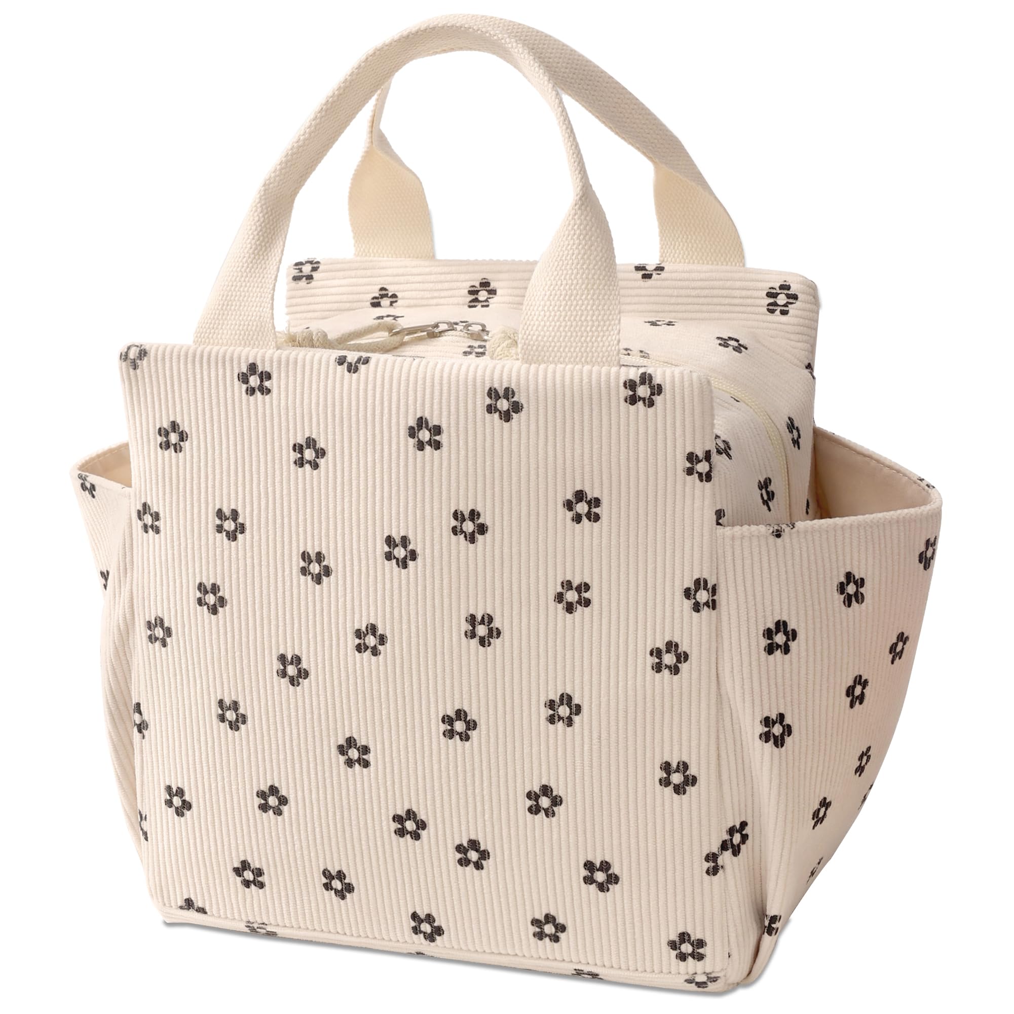 Muiltvoe Insulated Lunch Bag for Women Girls, Reusable Thermal Cooler Bags, Large Corduroy Tote Bags, 12L Cool Lunch Organizer, Leakproof Lunchbox for Work, Picnics, Travel (Beige Plum Blossom)