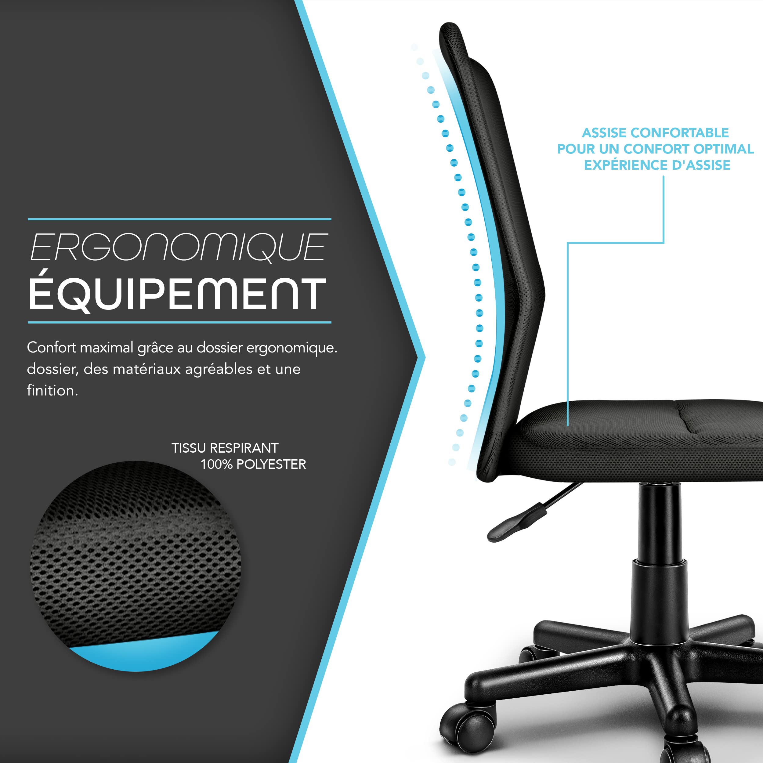 TRESKO® Chaise Fauteuil siège de Bureau Ergonomique, de 7 Couleurs différentes, Lift SGS contrôlé (Noir, sans accoudoirs)