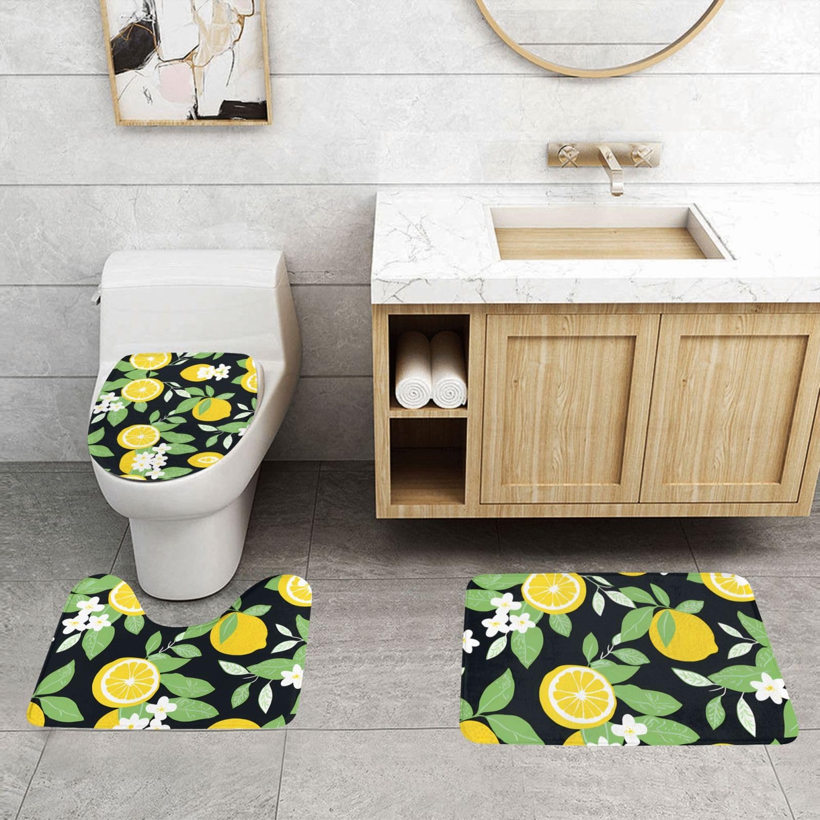 Alfombrillas de baño antideslizantes PHAYAH Green Lemon alfombra inodoro lavable 3 piezas