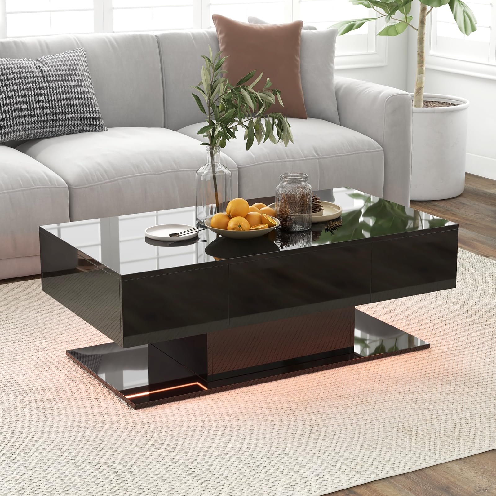 LIFEZEAL Tavolo Basso con Illuminazione LED, Tavolo da Salotto Lucido con 20 Colori e Telecomando, Tavolo Basso Moderno con 2 Cassetti, 110x60x40 cm, per Soggiorno, Ufficio (Nero)
