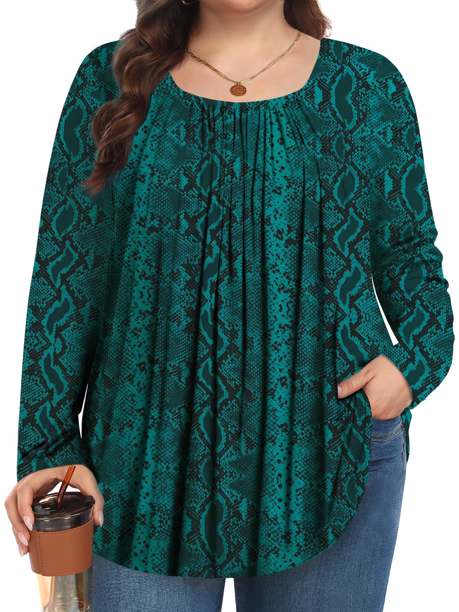 Plus Size Tops for Women Long Sleeve Shirts Square Neck Pleated Fall Tunics Blouses Flowy Loose Fit 1X-5X
