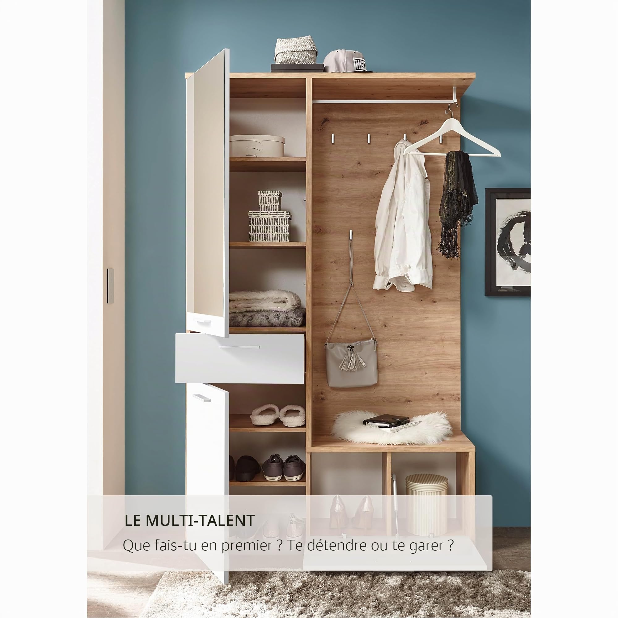 Stella Trading Entra Ensemble de vestiaire d'entrée en Aspect chêne Artisan, Blanc - Vestiaire Compact stylé avec Miroir pour Votre entrée - 117 x 198 x 38 cm (L/H/P)