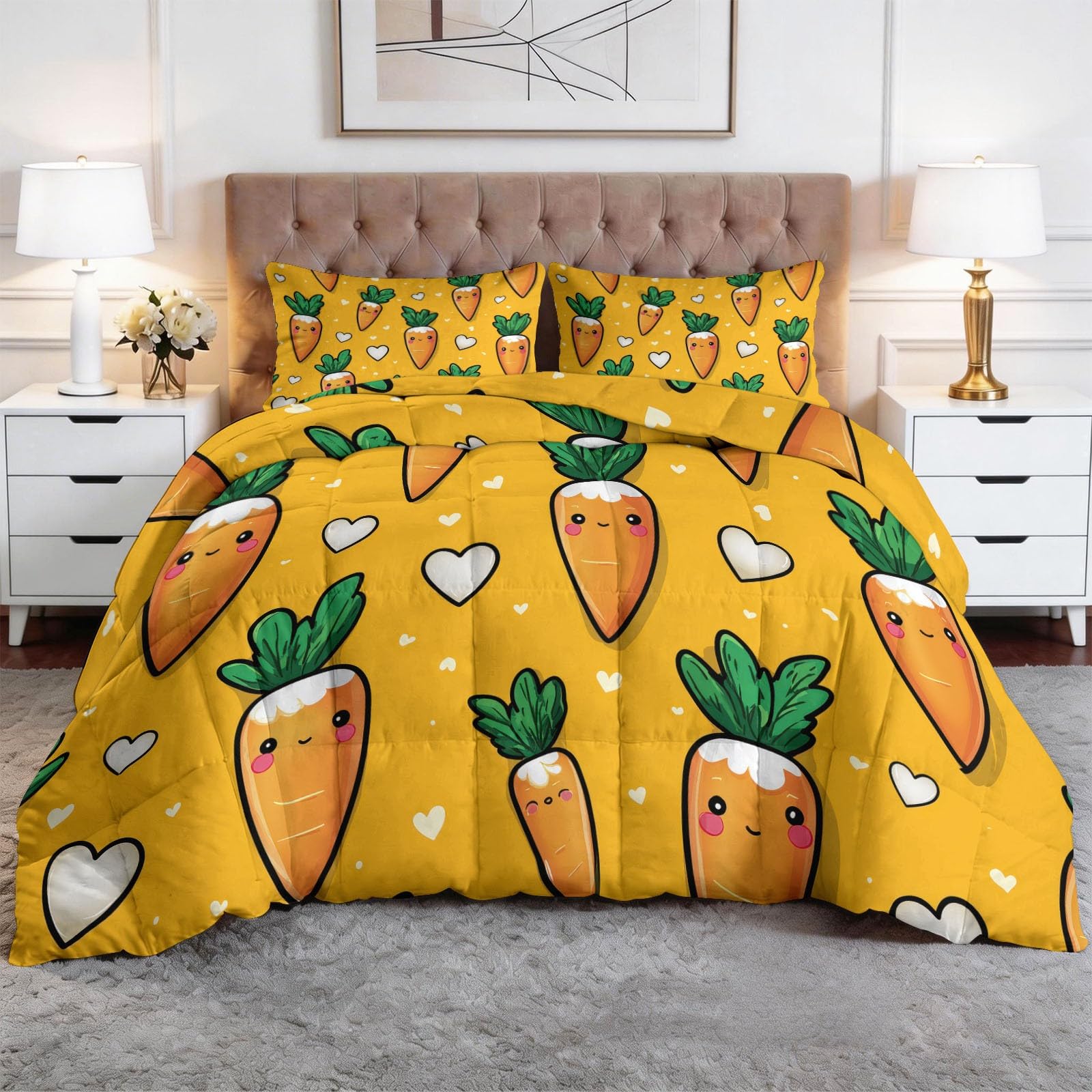 Generisch Smiley-Möhre Herzen Bettdecke 135 x 200 cm 4 Jahreszeiten Steppdecke, Lustiger Cartoon Waschbare Ganzjahresdecke Kinder Bettwaren Set Kinderzimmer Babyzimmer Bettdecke Ohne Bezug