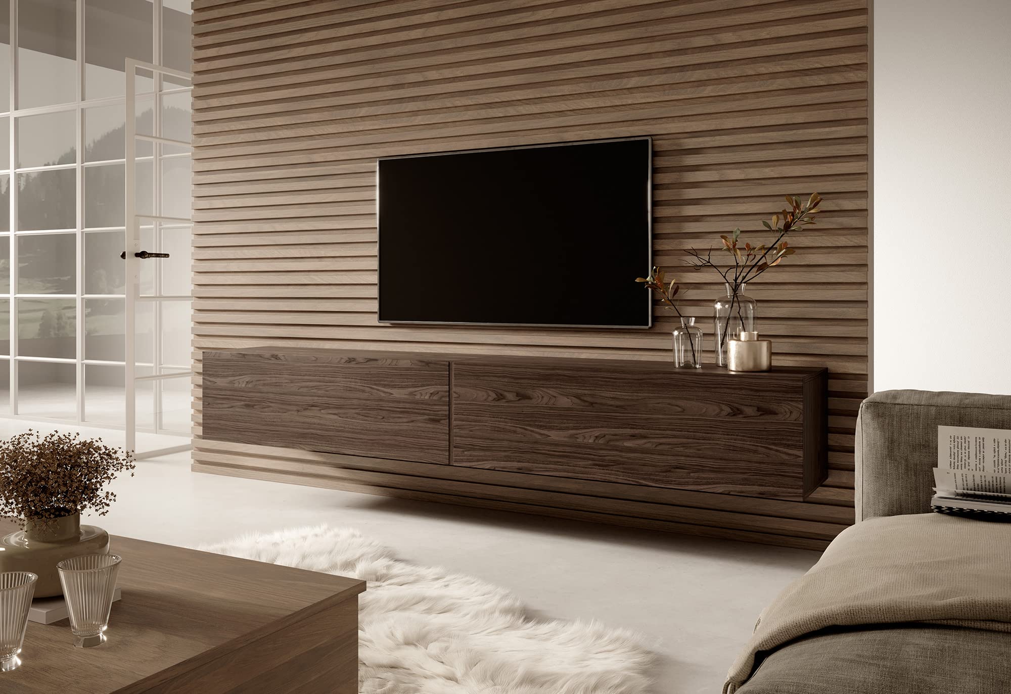 Selsey TV Schrank Board Sideboard Fernsehtisch Fernsehschrank 200 cm Hängend Walnuss Bisira