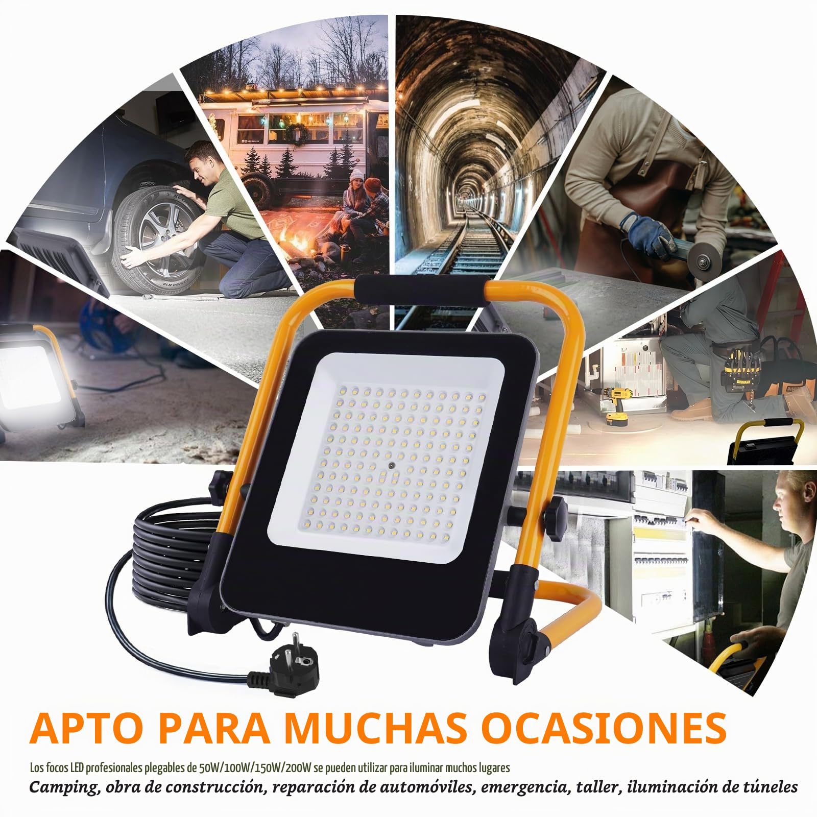 Foco de Trabajo LED 200W,20000LM Portátil Luz de Construcción con Enchufe EU/Soporte Plegable/Cable de 2M/6500K,IP66 Impermeable Foco Proyector LED Exterior para Obra,Taller,Emergency,Garaje