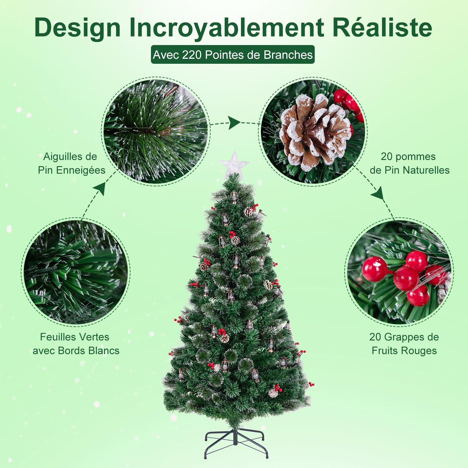 GYMAX Sapin de Noël Articiciel 150cm Lumineux, 49 Lumières LED, 8 Modes d'Éclairage, 2 Sections, Pommes de Pin Naturels et Baies Rouges,
