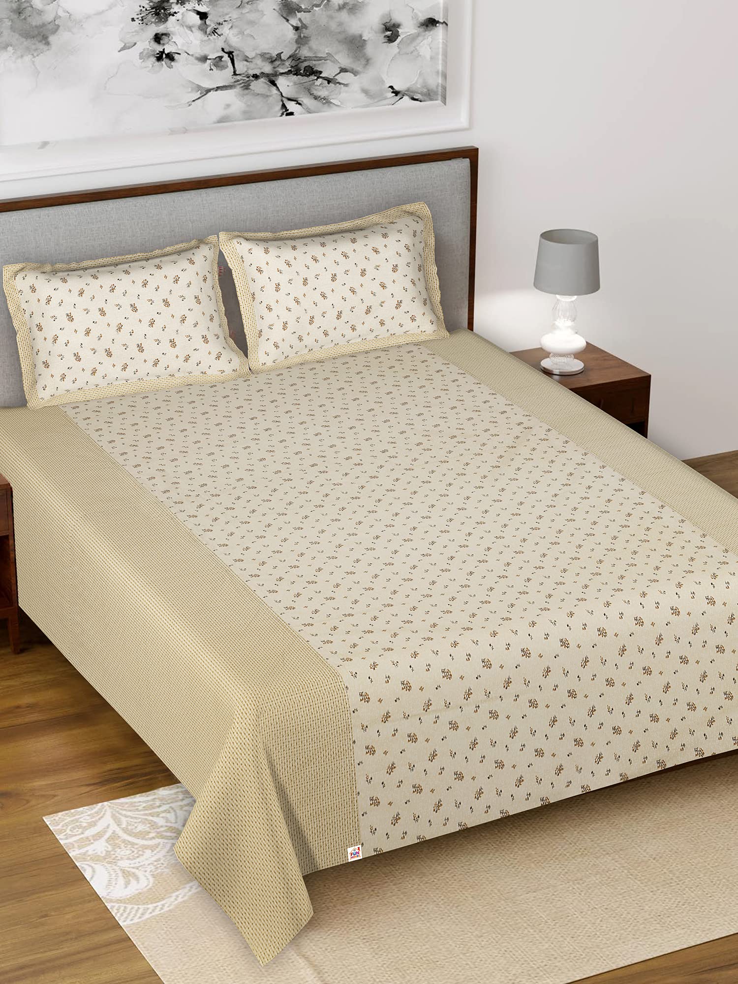 Fun Homes Kuber IndUStires Leaf Design Cotton Double Bedsheet With 2 Pillow Cover (Cream)-Hs_38_Funh21132, Full