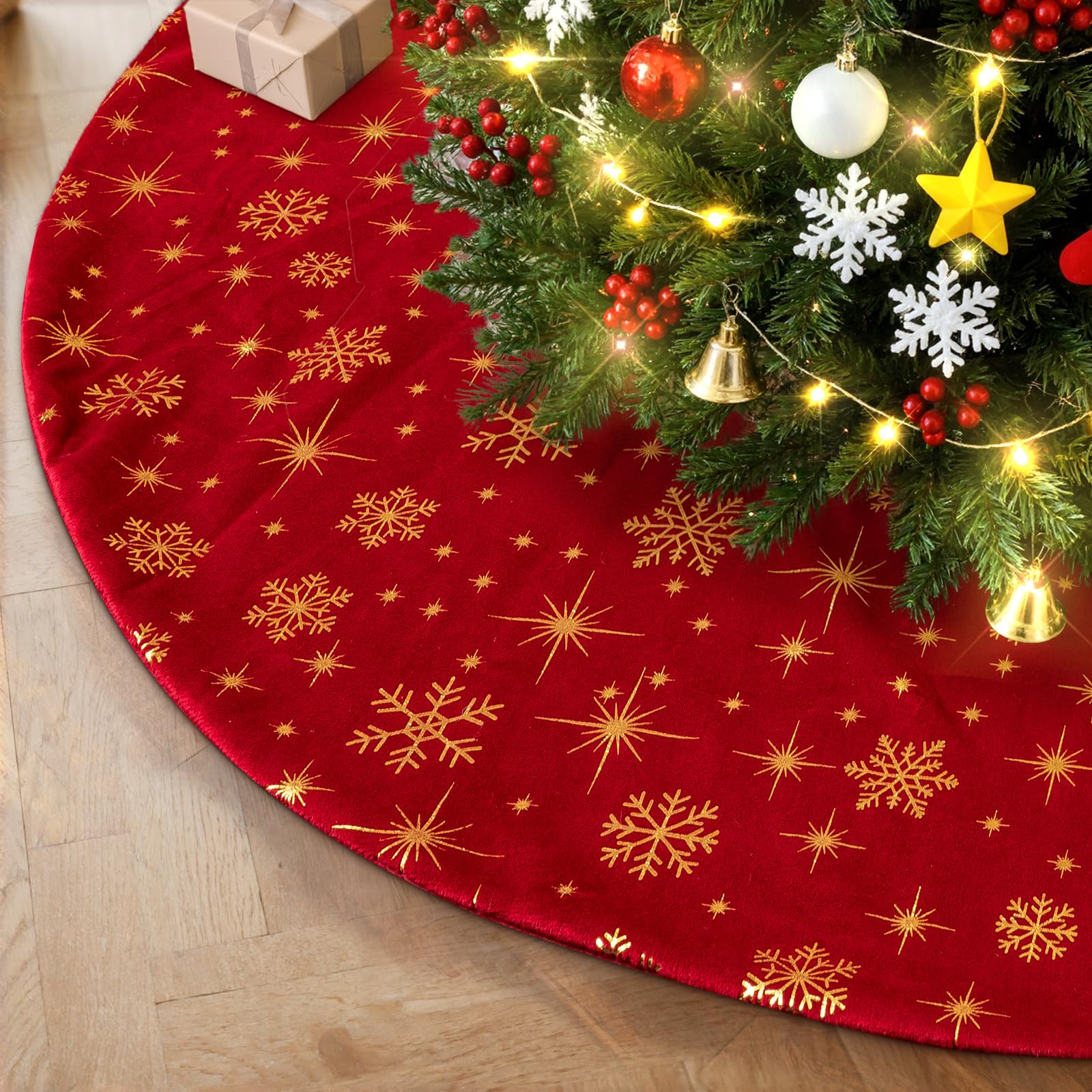 Lanpn Christmas Tree Skirt 90cm, Velvet Xmas Tree Skirt with Snowflake Winter Christmas Tree Mat for Large Artificial Trees Winter Home Party Holiday Indoor Xmas Decorations (Red, 36 inch)