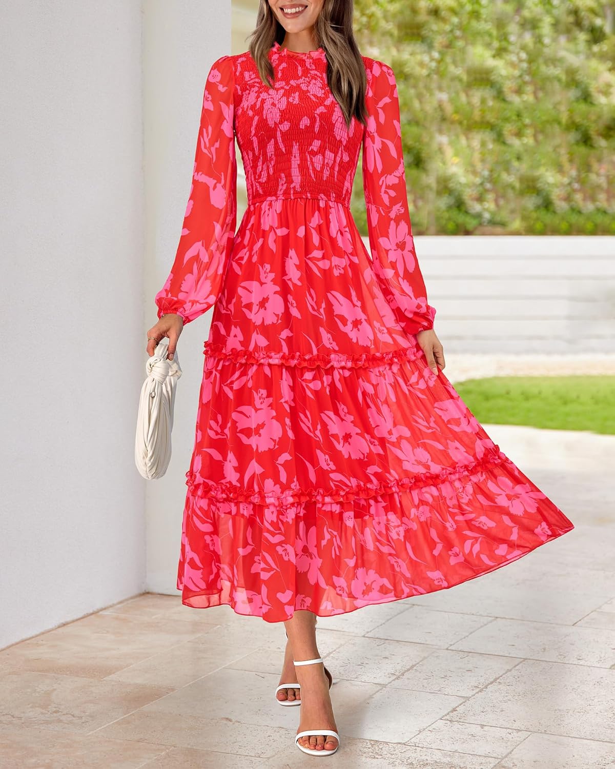 NOLLSOM Women 2026 Spring Dress Floral Boho Dress Casual Long Sleeve Crew Neck Ruffle A-Line Flowy Wedding Guest Maxi Dresses - Image 4