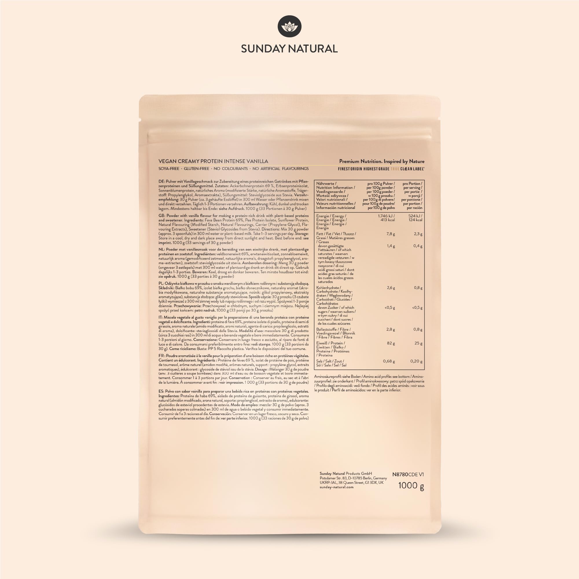 SUNDAY NATURAL® Veganes Proteinpulver – 1 Kg – Super Creamy Vegan Protein Pulver Vanille – 25g Eiweiß pro Portion - 3K Protein-Shake – Gesamtes EAA- & BCAA-Profil – Ohne Zuckerzusatz, Laborgeprüft