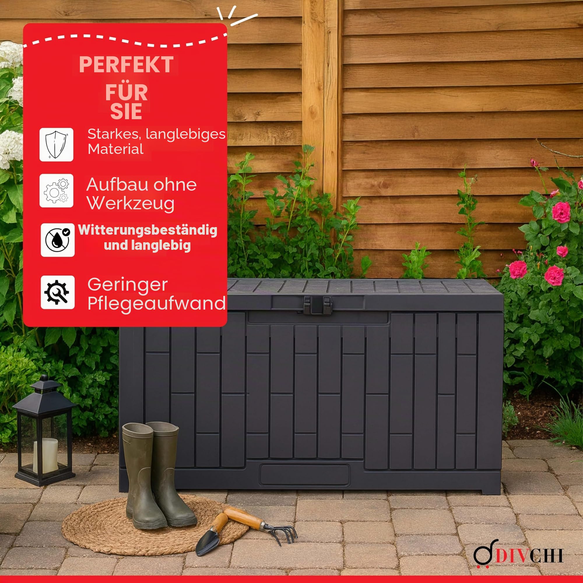 DIVCHI Outdoor Aufbewahrungsbox wasserdichte Deckbox für Gartengeräte Terrassenkissen und Poolzubehör Abschließbar Einfache Montage Vielseitige Bank oder Tisch (60 Gallonen)