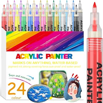 Extra Fine Tip Paint Pens 24 Colors Acrylic Paint Markers | 0.7mm Waterproof, Quick Dry, Fade Resident Marker Pens for Rock Painting Glass Stone Ceramic Metal Fabric Pebble, DIY Craft