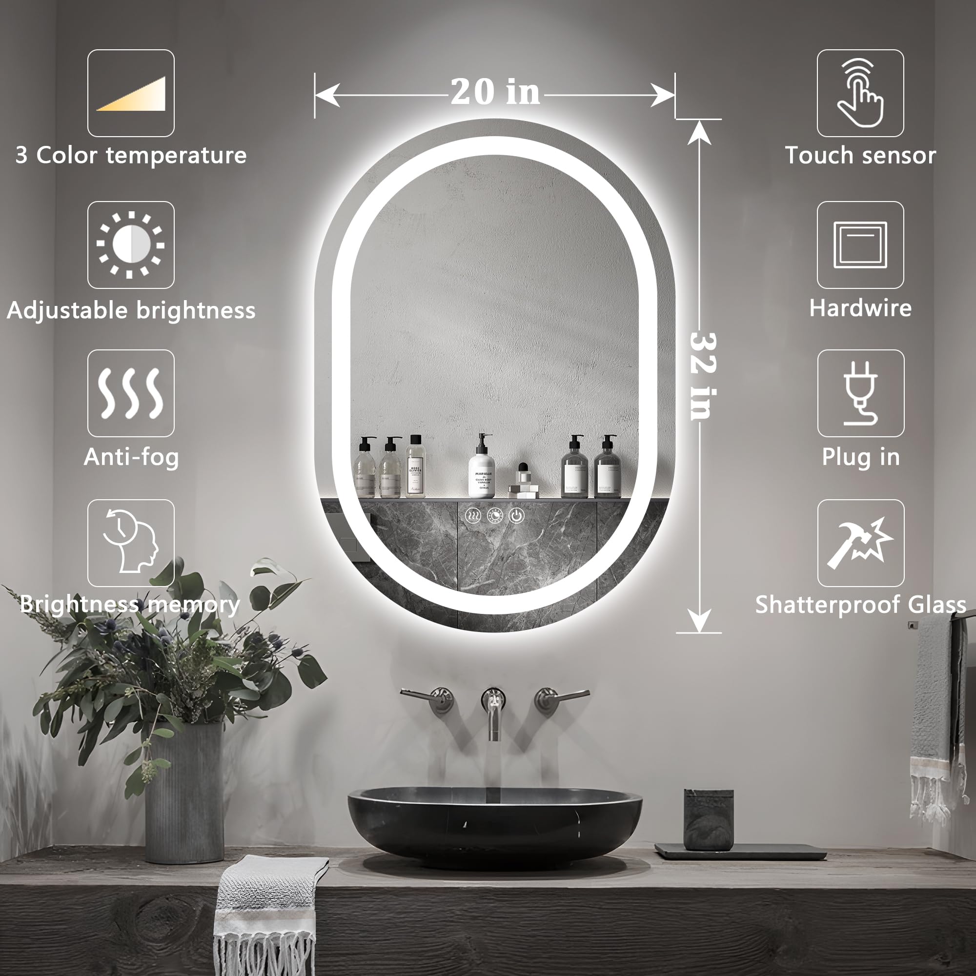 AXOTEXE Oval LED Mirror Bathroom 20 x 32 Inch Oval Lighted Vanity Mirror for Wall with Stepless Dimmable 3 Colors Anti-Fog Wall Mounted LED Mirror for Bathroom Shatter-Proof