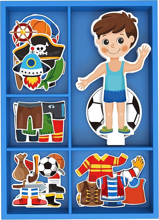 Toysters Magnetic Wooden Dress-Up Boy Doll Toy | Pretend Play Set Includes: 1 Wood Doll with 30 Assorted Costume Dress Ideas | Not Your Average Paper Doll | Great Gift Idea for Little Boys 3+ (PZ650)