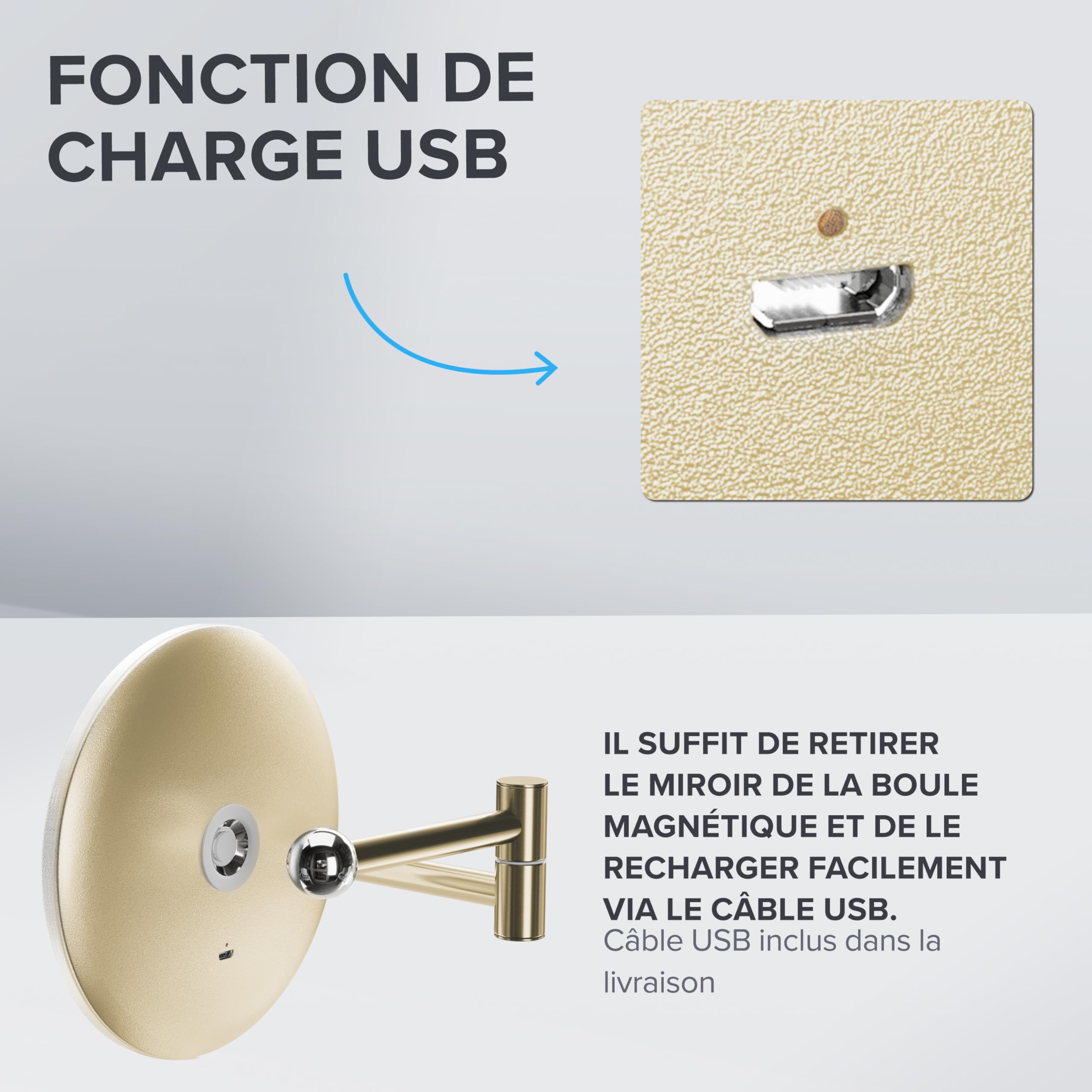 Ovimar Cosmétique Blavand Or | Éclairage | Rechargeable | Montage Mural sans Perçage | Salle de Bain | Miroir Grossissant 5X | Miroir de Maquillage 360°