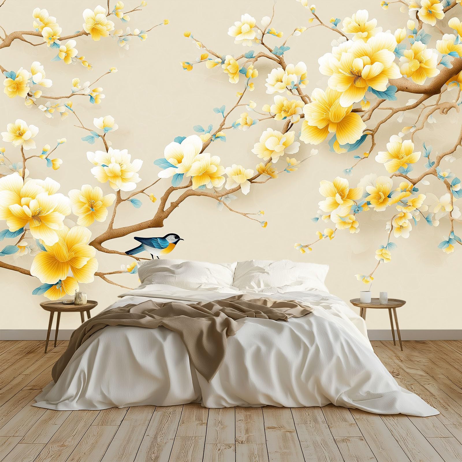 Panoramiczna tapeta 3D klasyczna orientalna pąki ptaki łodygi beżowa 200 x 140 cm, tapeta z włókniny - fresk ścienny do salonu, sypialni i biura, dekoracja ścienna druk HD