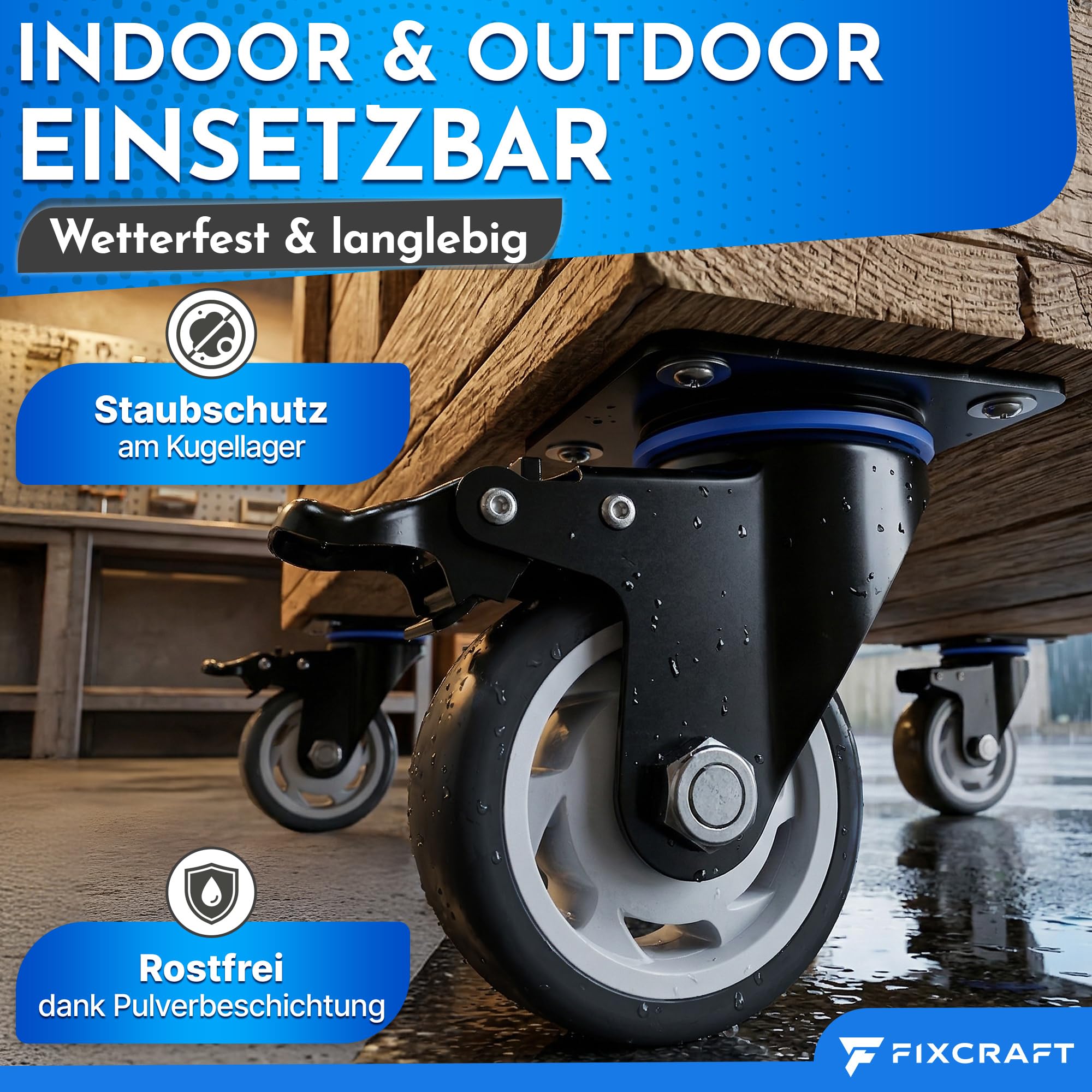4 Schwerlastrollen mit Bremse [75mm] bis zu 400kg - Lenkrollen | Transportrollen, Möbelrollen, Bockrollen, Räder | Rostfreie Rollen Indoor + Outdoor | Für Werkstatt, Paletten