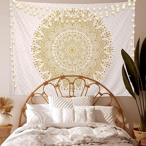 Miniatura 3 de Edeesky Tapiz de mandala blanco dorado para colgar en la pared, medallón psicodélico, tapiz estético indio hippie, arte bohemio, decoración