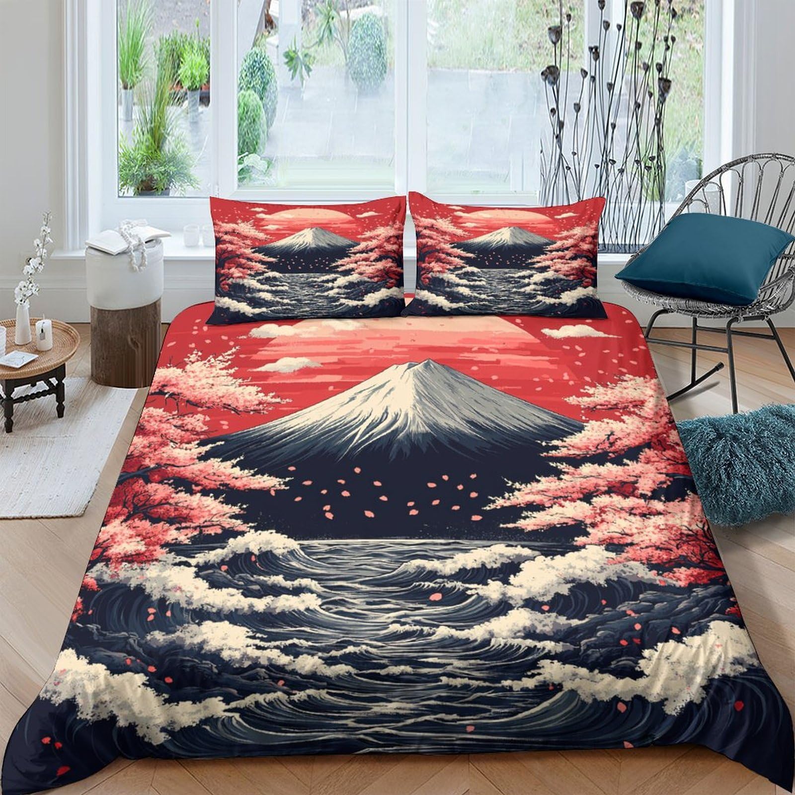 Ctjqhvkz Style-9 3D Printed Mount Fuji Landscape Fitted Sheet Microfiber Soft Red Sakura River Mattress Cover Bedroom Decor Single（135X200cm）