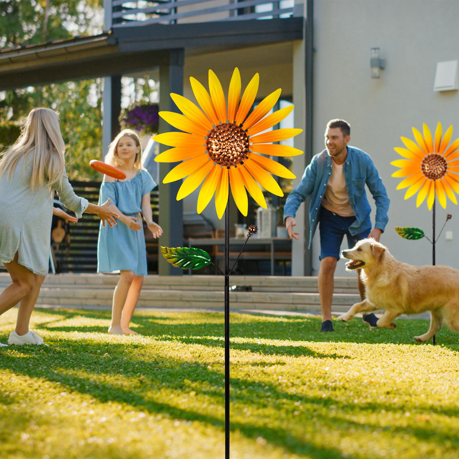 pearlstar Sonnenblume Windrad Metall, 2er-Pack Windspiel Garten Mit Metallpfahl, 94cmx25cm Windspinner Gartendeko Für Draußen Balkon Terrasse Rasen