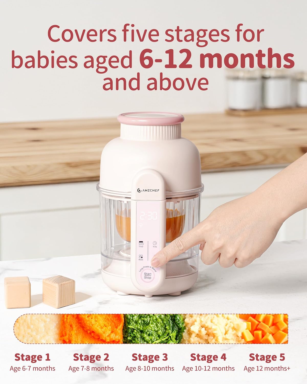 Four-step visual guide for setting up the AMZCHEF F5 Baby Food Maker