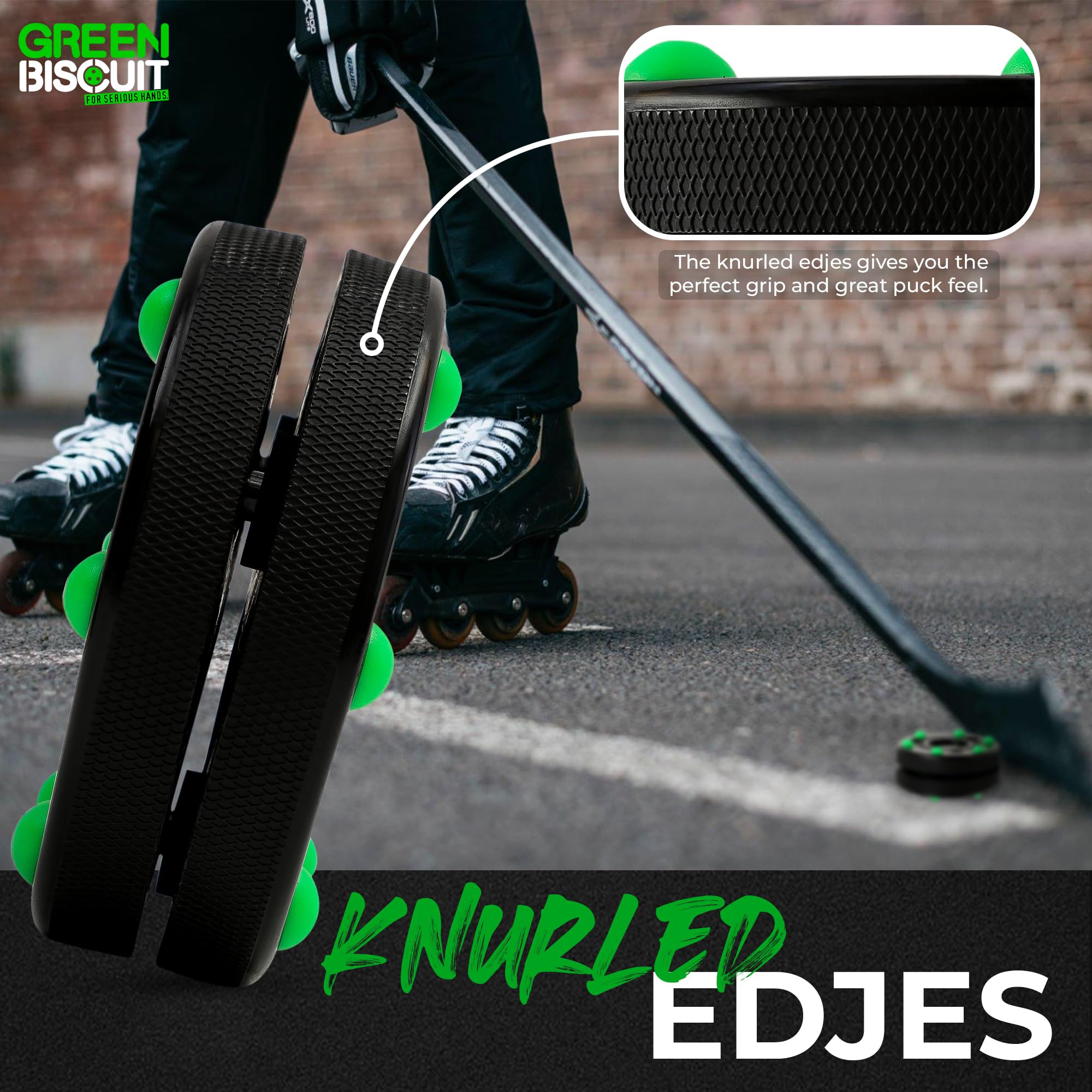 Green Biscuit Rollhockey-Puck, 2 Stück, NHL offizielle Off-Eishockey-Pucks für Schlägerhandhabung, Passing und Schießübungen – Outdoor-Straßenhockey-Puck, Durchmesser 7,6 cm, Dicke 2,5 cm