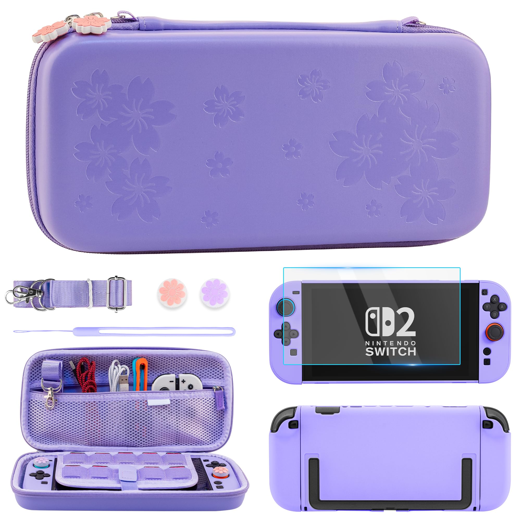 RHOTALL Sakura - Borsa da viaggio per Nintendo Switch 2 (2025) 7,9 pollici, con custodia protettiva e custodia rigida per Switch 2, protezione schermo, 2 tappi per pollice, colore: Viola