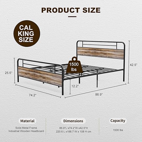Miniatura 11 de IKIFLY Base de cama California King con cabecero de madera, cama de plataforma de metal California King, listones de acero resistente, Marrón