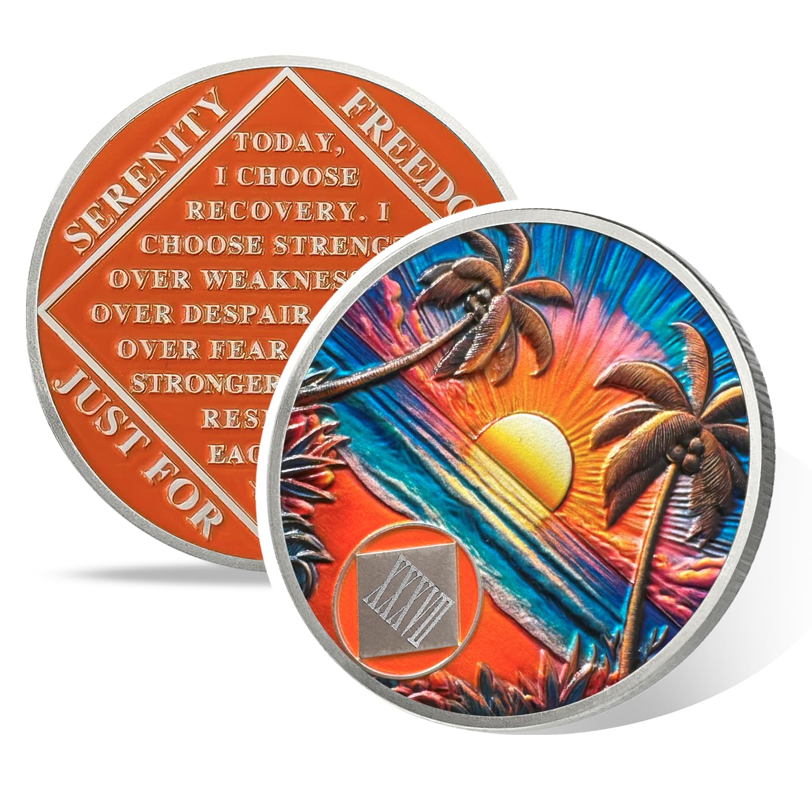 Beach Sunset 37 Year Sobriety Coin, Affirmation NA Coin, Addiction Recovery Thirty-Seven Year Sober Chip, Celebrating Recovery Anniversary Token, Narcotics Anonymous Sobriety Gifts for Men Women