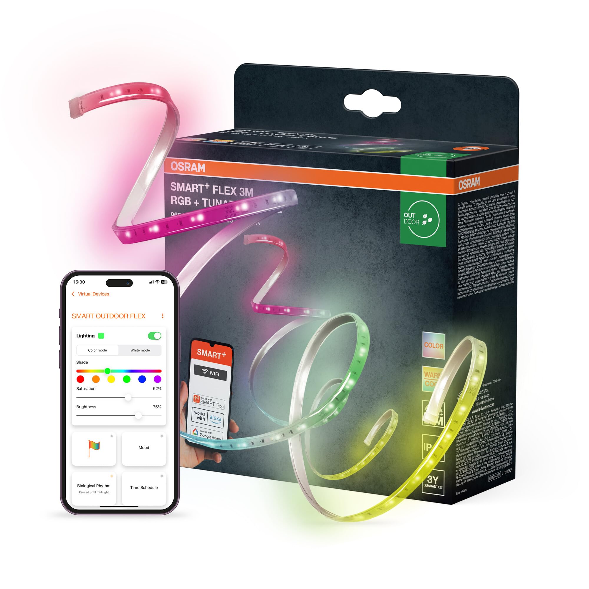 OSRAM Striscia LED SMART+ WiFi OUTDOOR FLEX 3M, bianca, 12W, 790lm, luce bianca regolabile e luce colorata RGB per esterni, dimmerabile, lunga durata, controllabile tramite SMART+ App, IP44