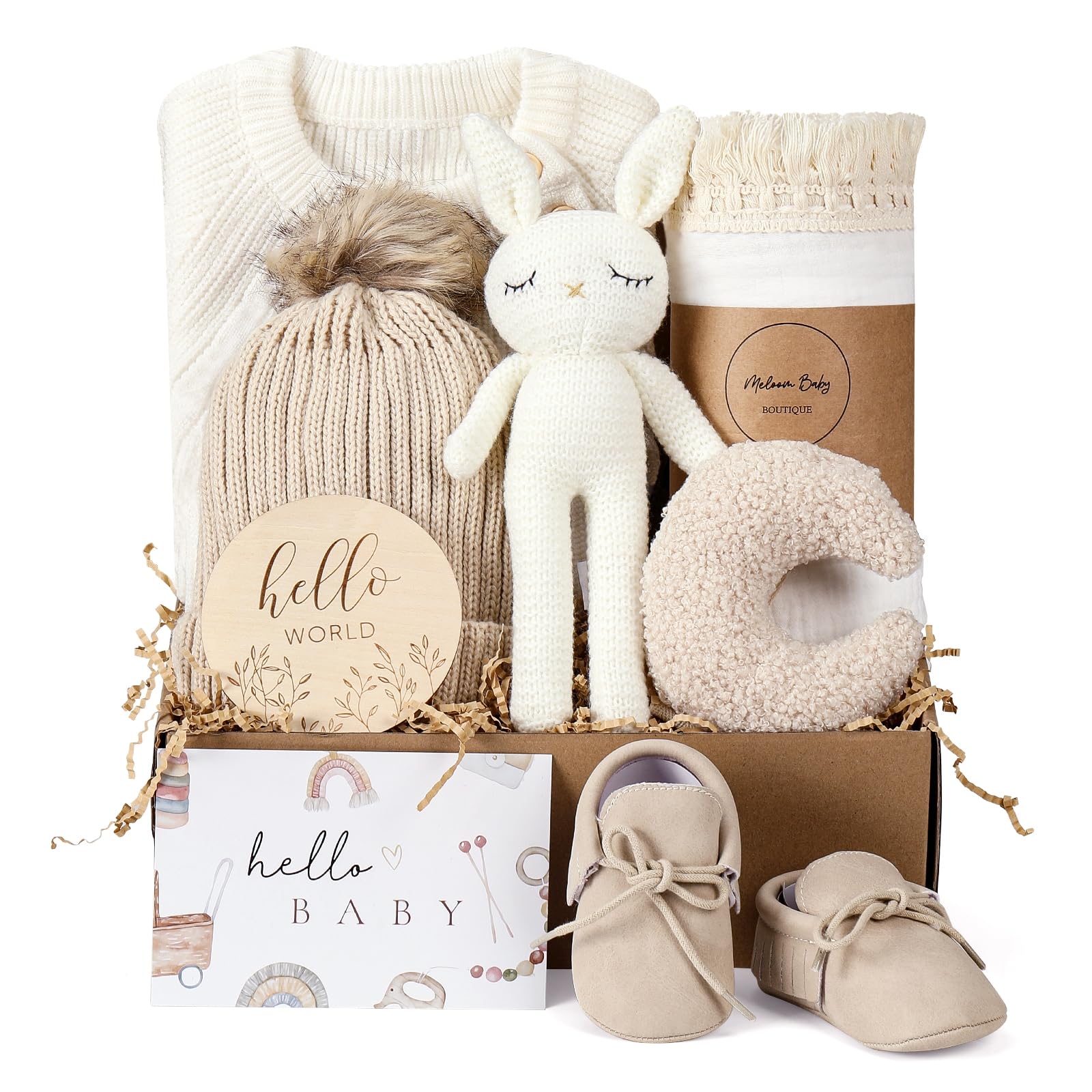 meloom Baby Gift Set, Unisex Newborn Gifts Box, Boho Gender Neutral Baby Essentials, for New Mom, New Baby Gifts for Boys and Girls, Personalized Gift Basket for New Babies