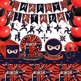 162 Pcs Ninja Birthday Party Decoration Set Ninja Warrior Party Supplies Kit Includes Karate Master Tableware Tablecloth Hanging Banners Foil Swirls Cutouts Balloons for Kids Boys Karate Party Favors
