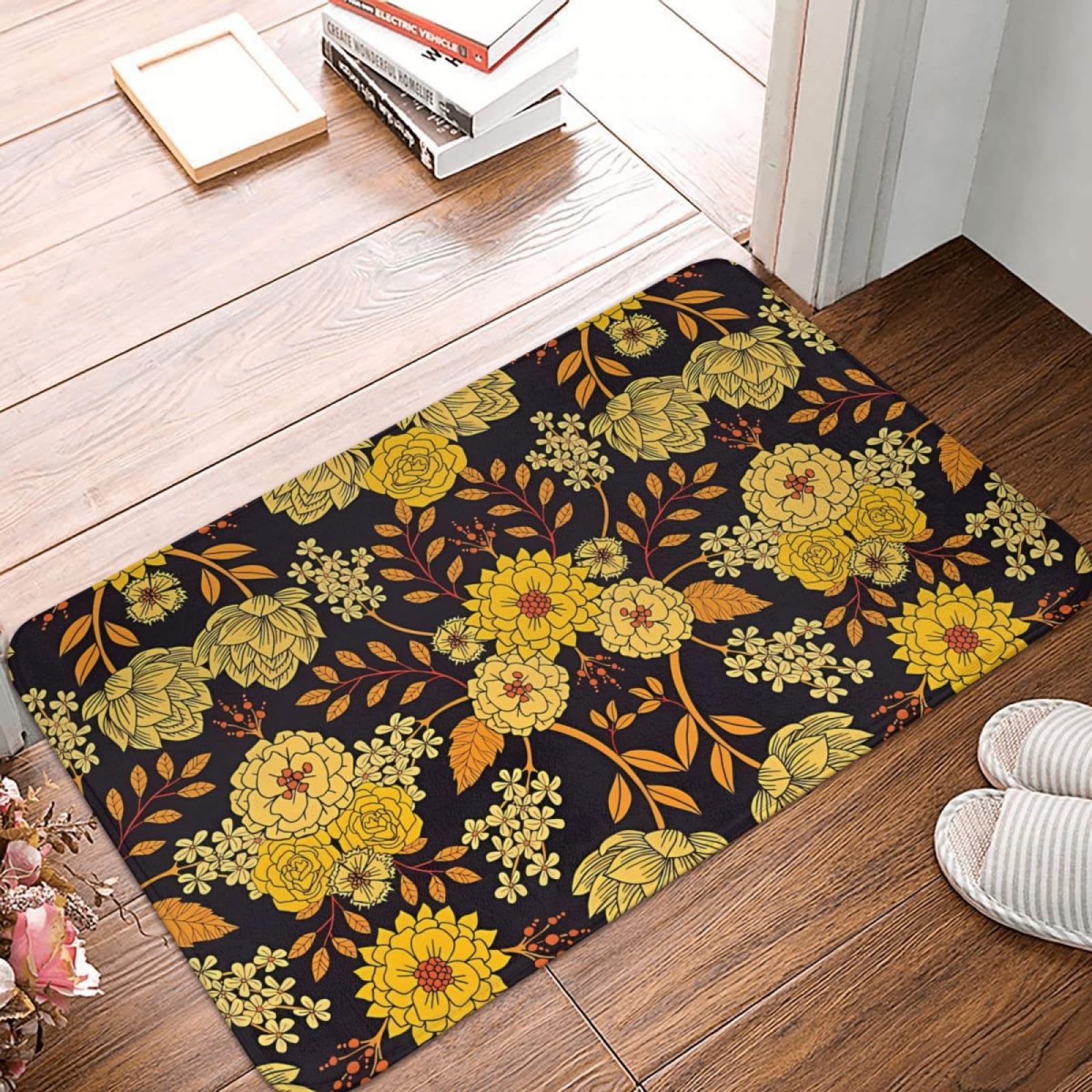 Paillasson pour entrée et tapis de bain au motif floral foncé bleu marine et jaune orange