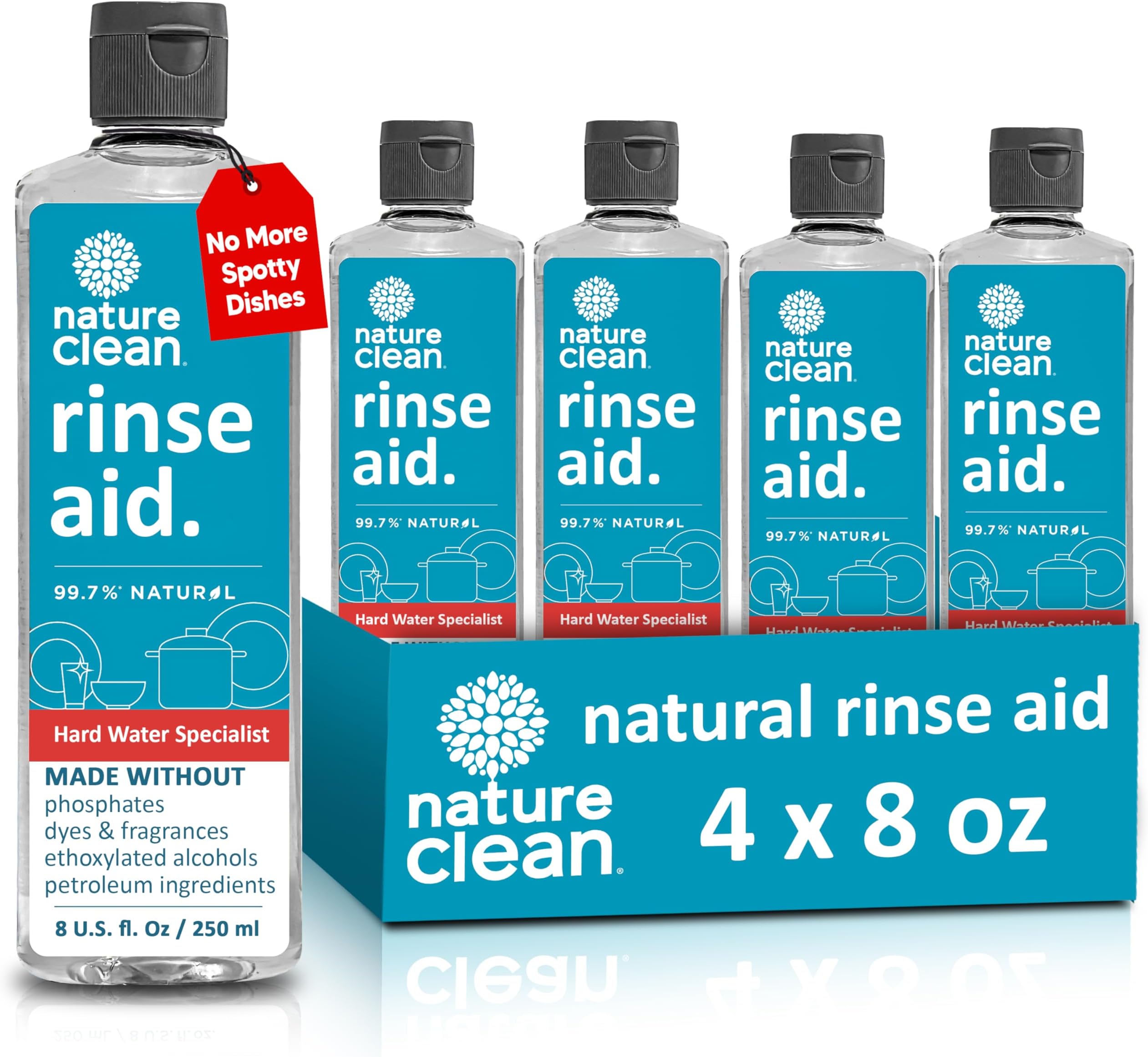 Dishwasher Rinse Aid Liquid, Non Toxic Natural Formula, Spot Free Shine for Glasses & Dishes, Hard Water Stain Remover, Dishwasher Drying Agent, 8 oz/250 ml Pack of 4
