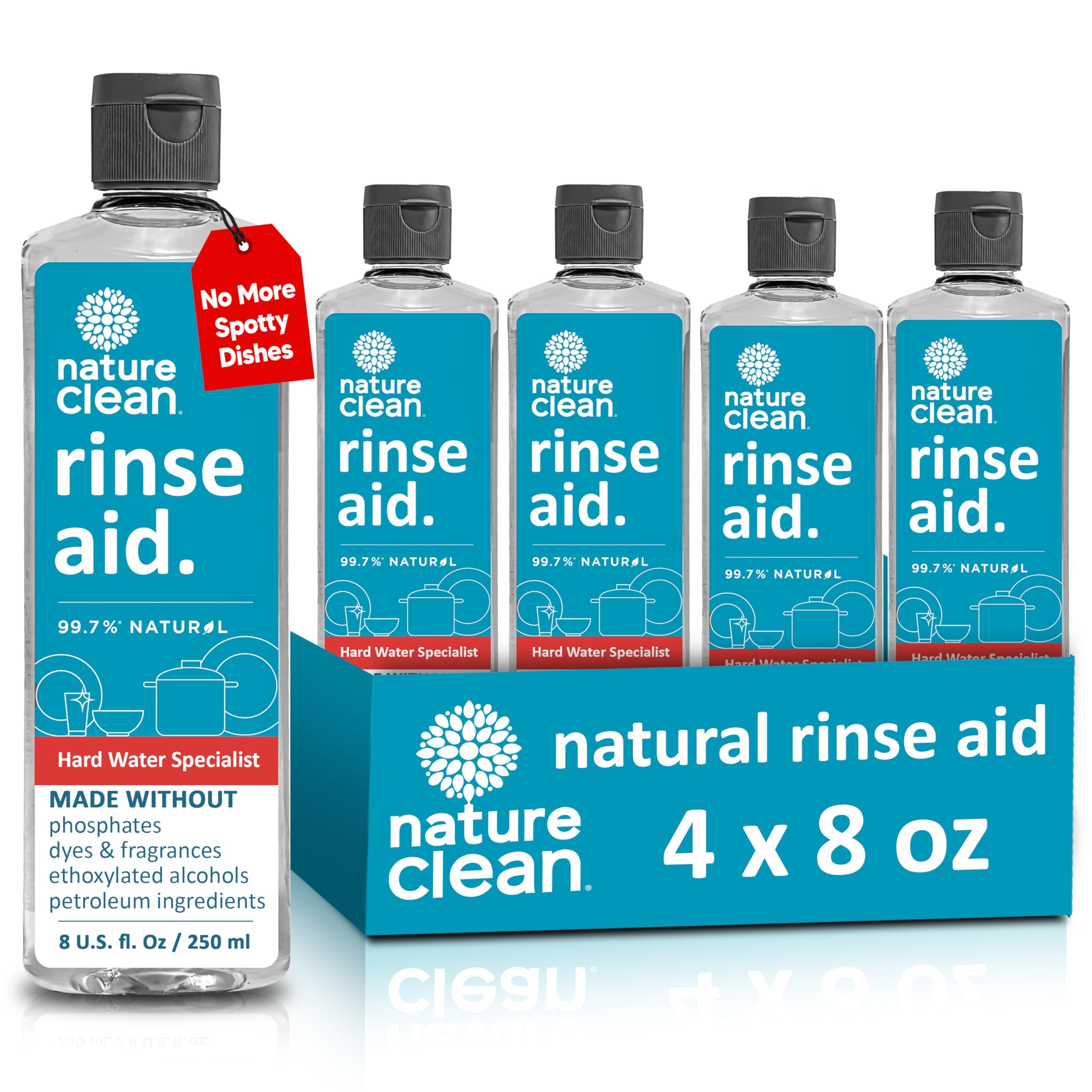 Nature Clean All Natural Dishwasher Rinse Aid Cleaner, Liquid Dishwasher Rinse Agent for Spot-Free Glass & Cutlery in Hard Water, Non Toxic Dish Washer Rinse Aid & Stain Remover, 8 oz/250ml, Pack of 4