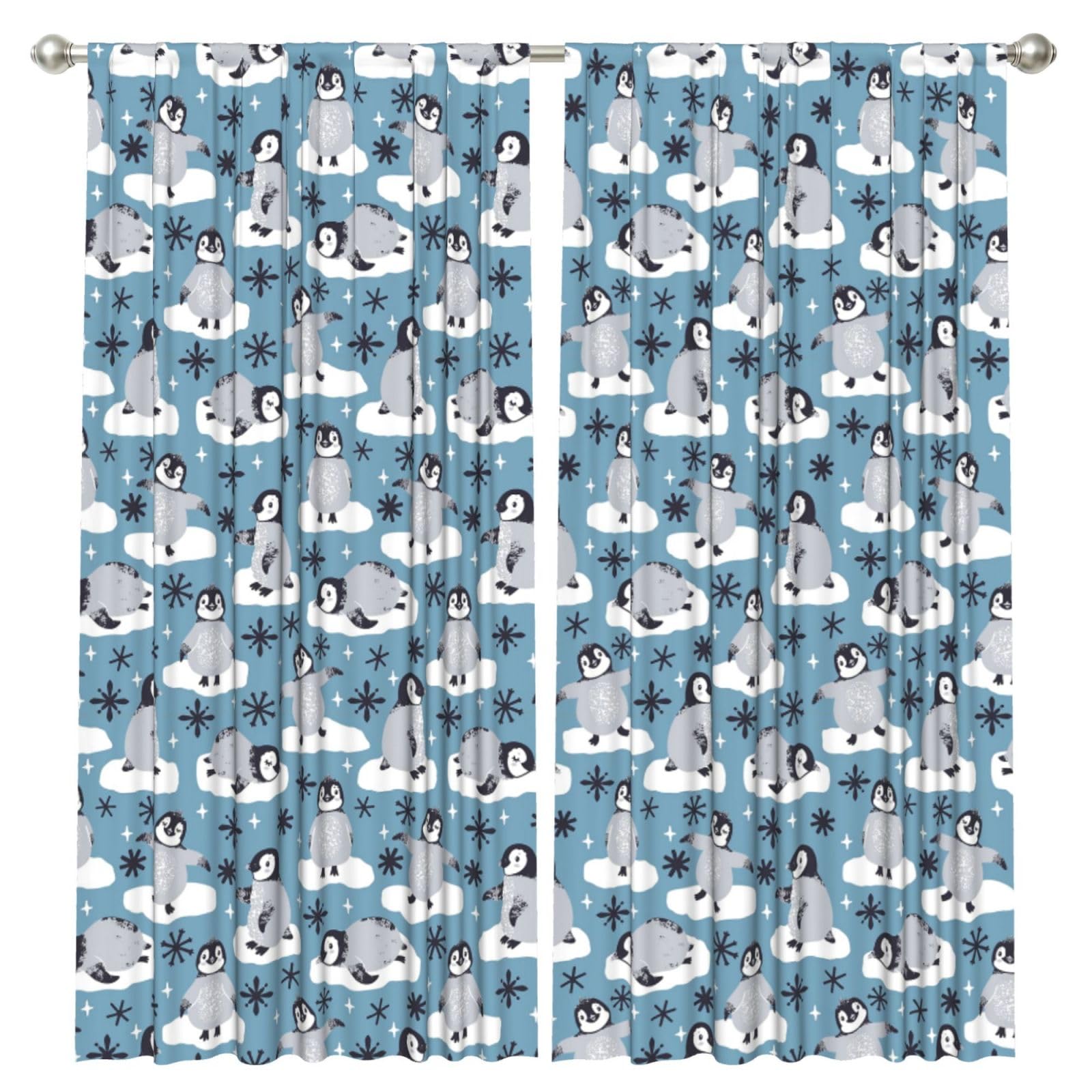 InOmak Cute Penguins And Snowflakes, 2 Panels Window Curtains 52 x 84 Inch Blackout Curtains for Living Room Bedroom
