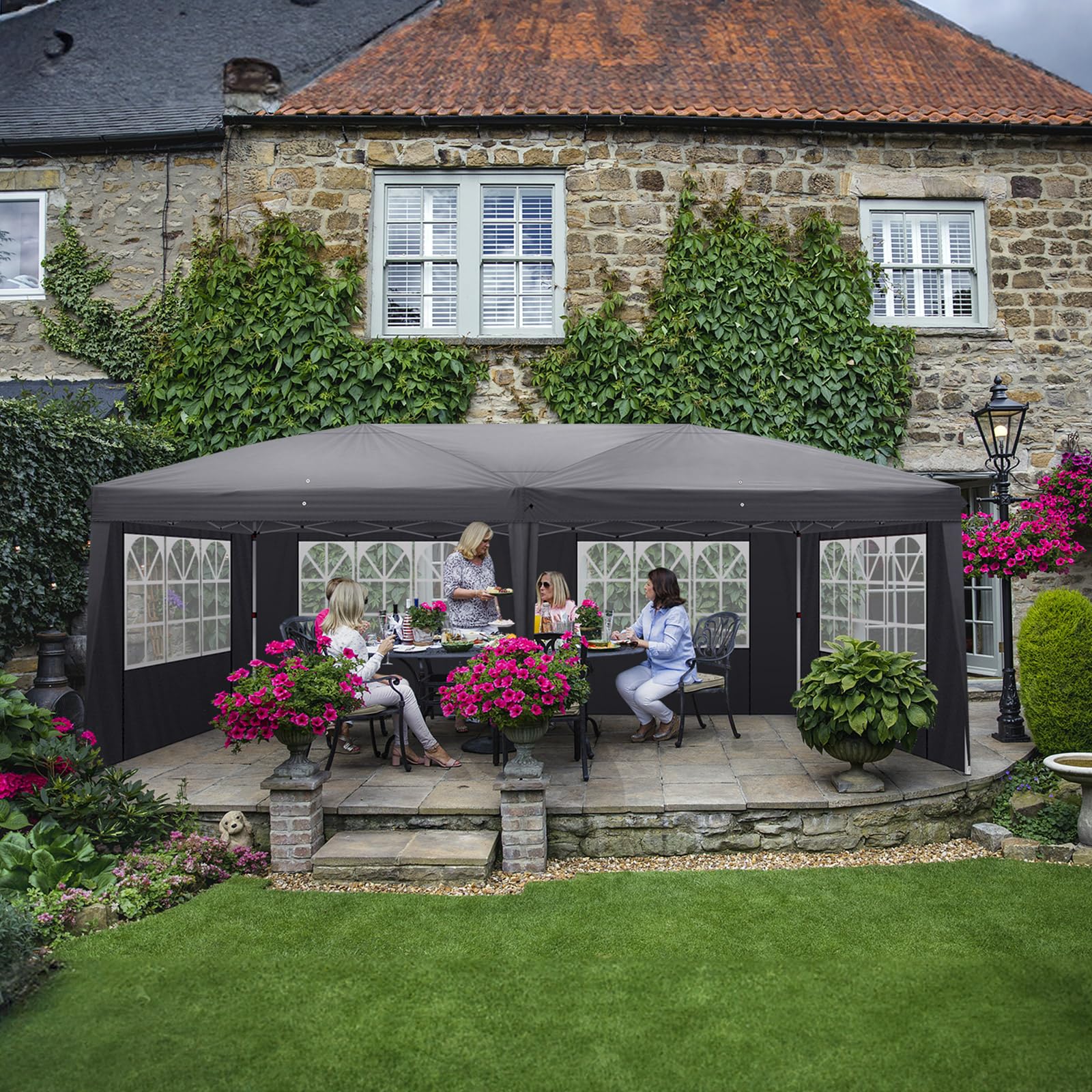 LEADZM 3 x 6 m Tonnelle de Jardin Pliable,Pop-up,Réglable en Hauteur,Protection UV 50+,avec 6 Côtés,Cadres en Acier,Convient pour la Fête, l'extérieur,Patio,Camping,Gris Foncé
