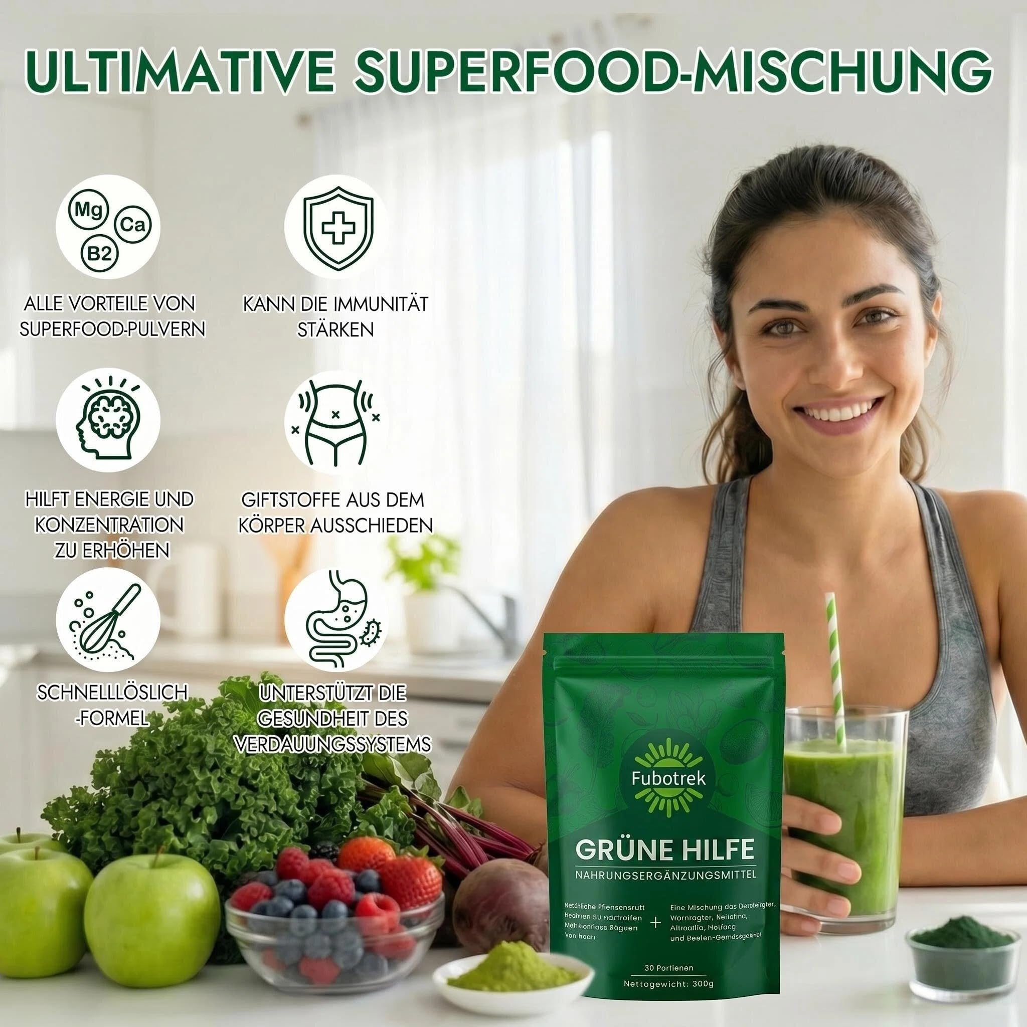 Grüne Entgiftungspulver, 200g Grüne Superfood Pulver Helfer, Greens Pulver mit Matcha Spirulina, Gerstengras, Moringa, Ballaststoffreich & Vegan | Natürliches Pflanzenpulver für Alltag & Ernährung