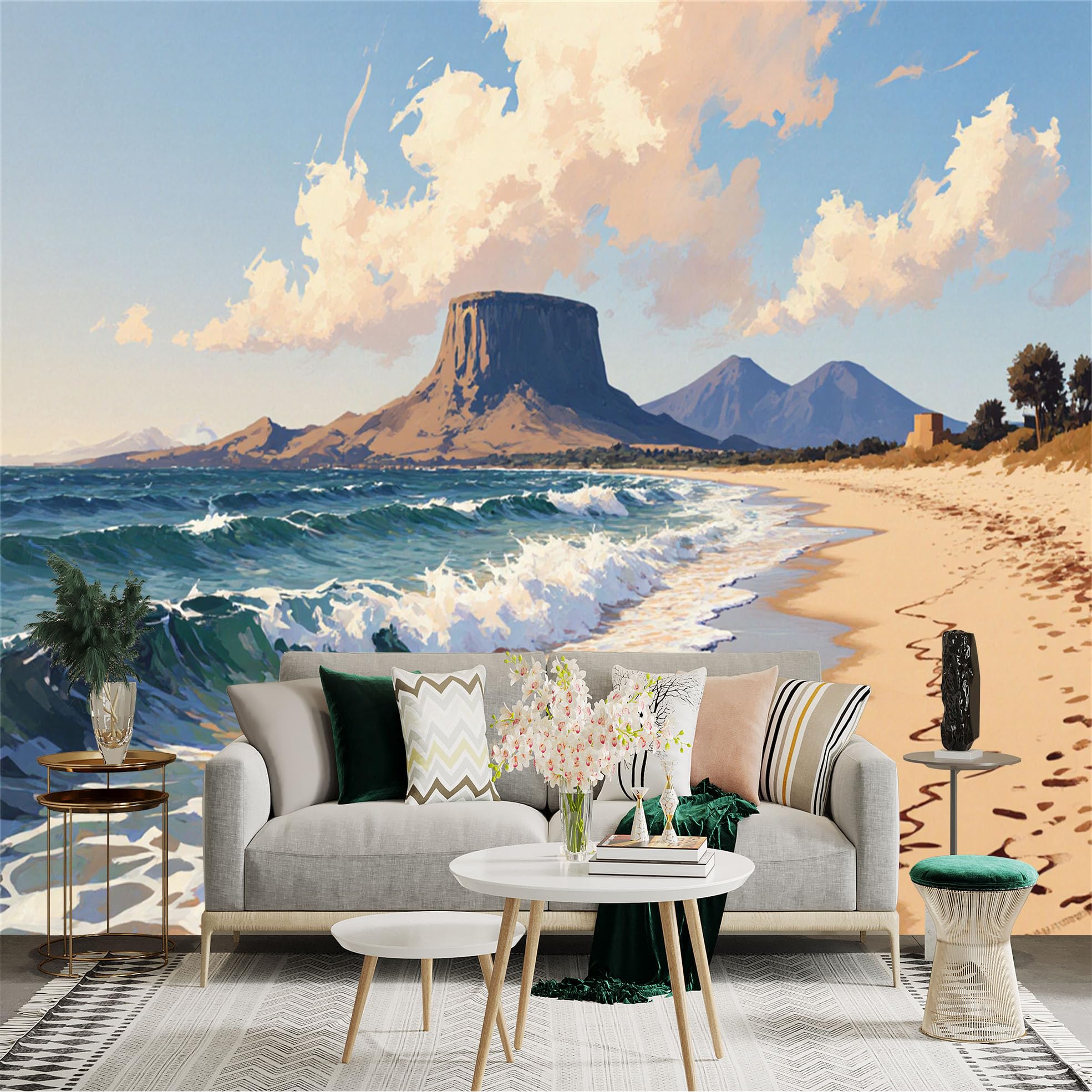 Lnzczhyre Xc260505270 Custom Size Wall Sticker Mural， Coastal Landscape With Sand Beach， Ocean Waves And Rocky Mountain， For Wall Decoration， Peelandstick Wall Decals.