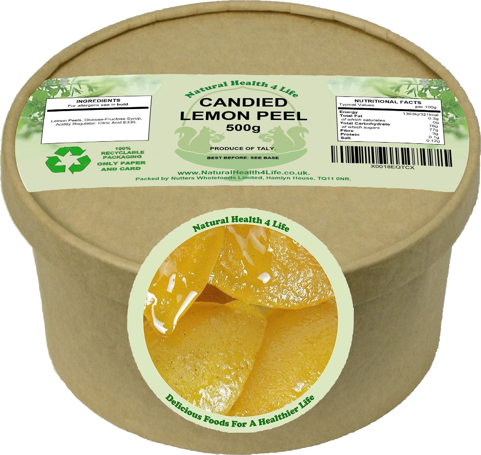 Natural Health 4 Life Candied Lemon Peel Quarters 500 g in Clear Tub (1 Tub)