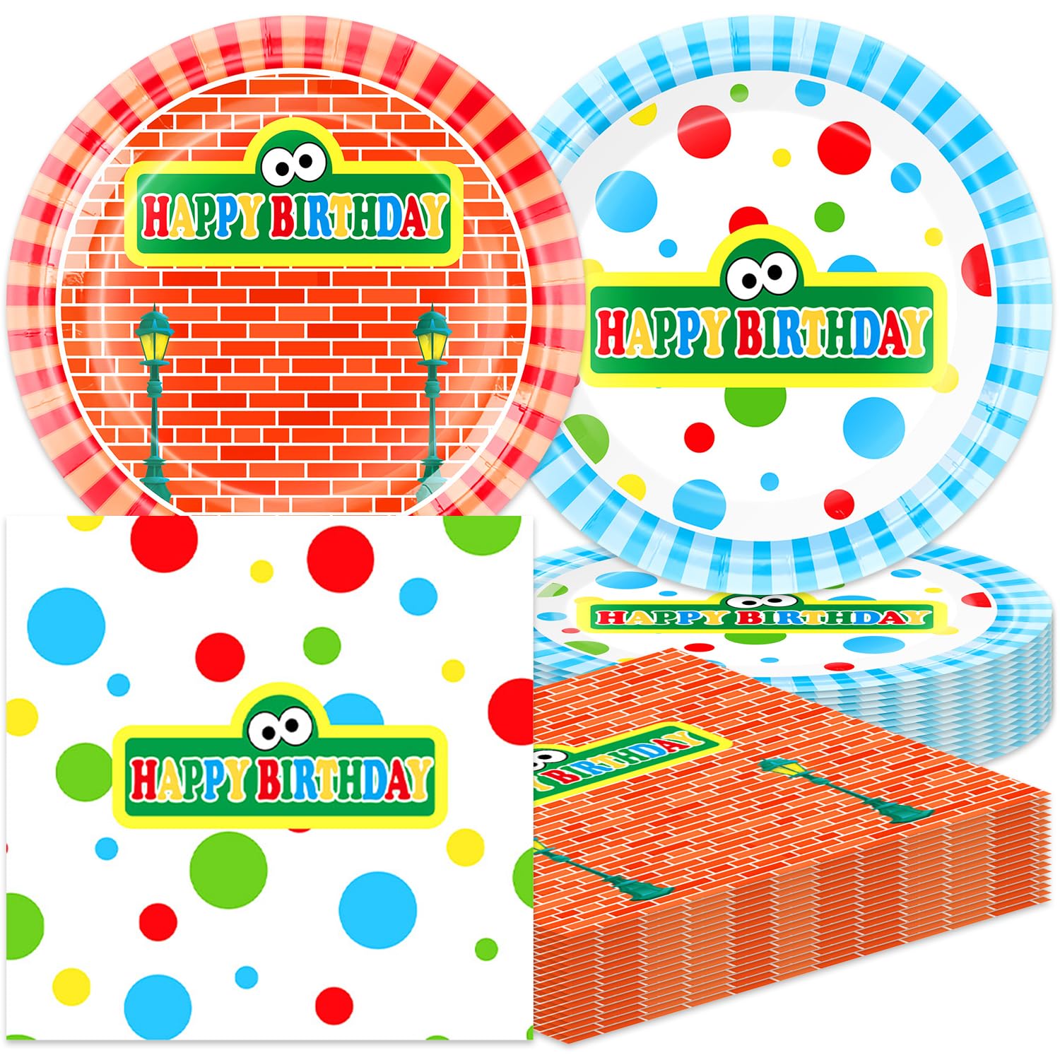Assiettes et serviettes rue sésame pour anniversaire enfant et baby shower - Lot de 40 pièces