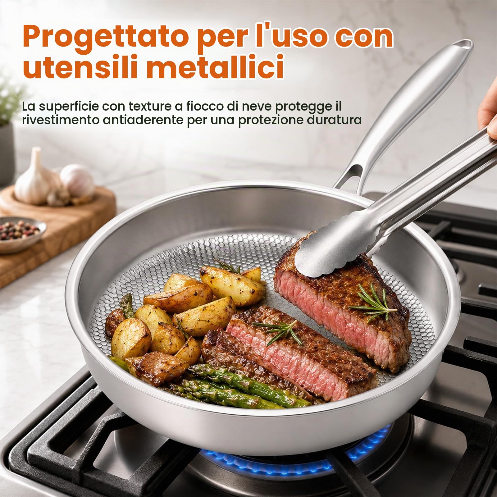 Titan, padella con coperchio, in titanio senza rivestimento, padelle in titanio con motivo martellato per cucinare, antigraffio, antiaderente, padella in titanio Pro induzione, per cucina e campeggio