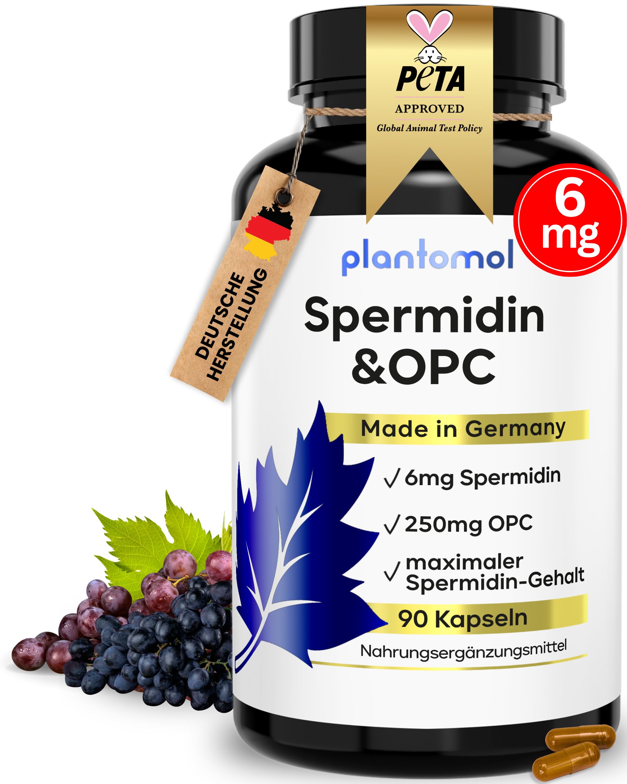 Spermidin Kapseln hochdosiert optimiert mit OPC Traubenkern-Extrakt und Spermidin 6mg - einzigartige Kombination aus Spermidine & OPC Kapseln - 3 Monatsvorrat