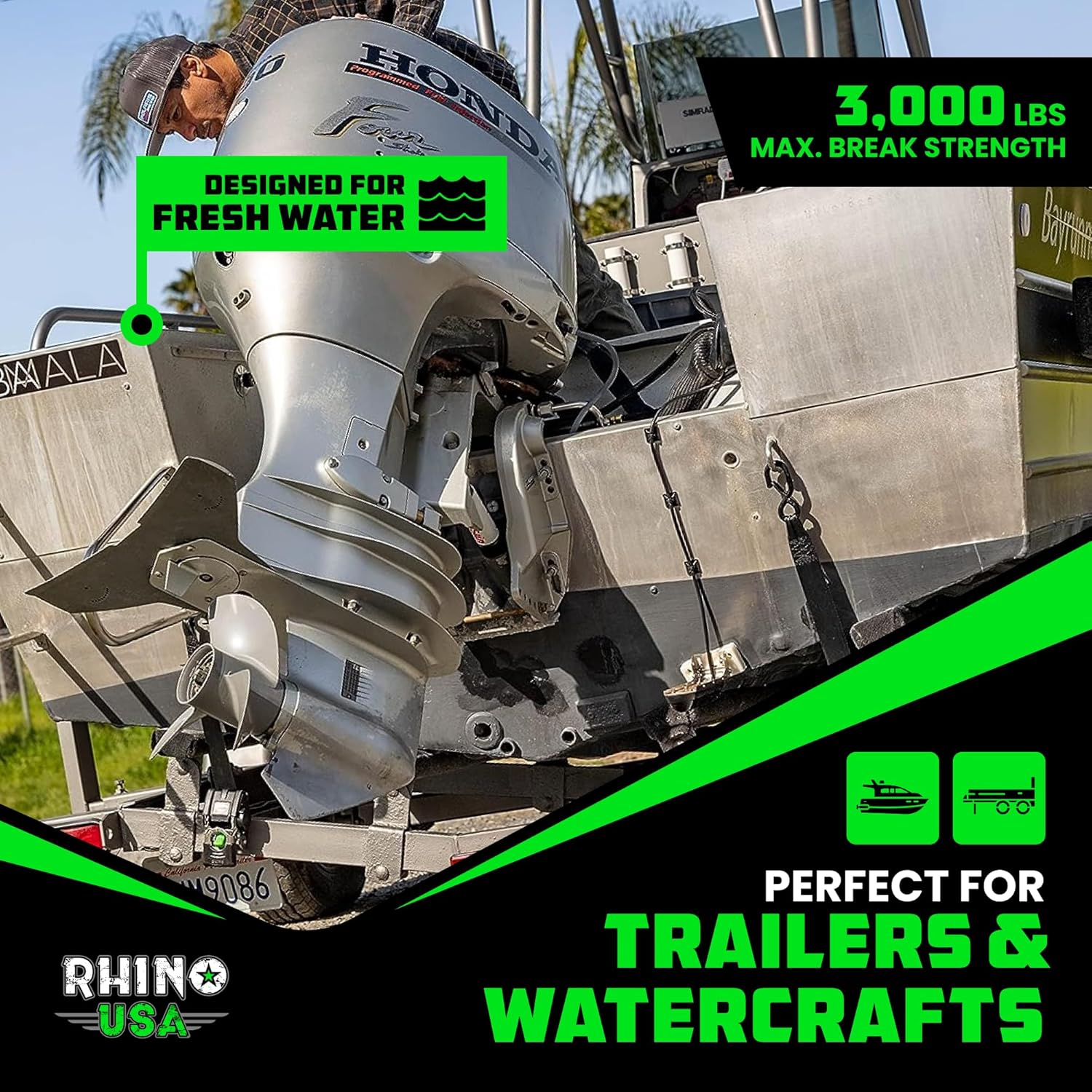 Rhino USA Retractable Boat Trailer Tie Down Straps 2PK – Durable (2in x 43in) Trailer Mount Transom Straps for Boat, Jet Ski – Powder Coated Black Steel – Fresh Water Compatible - Image 7