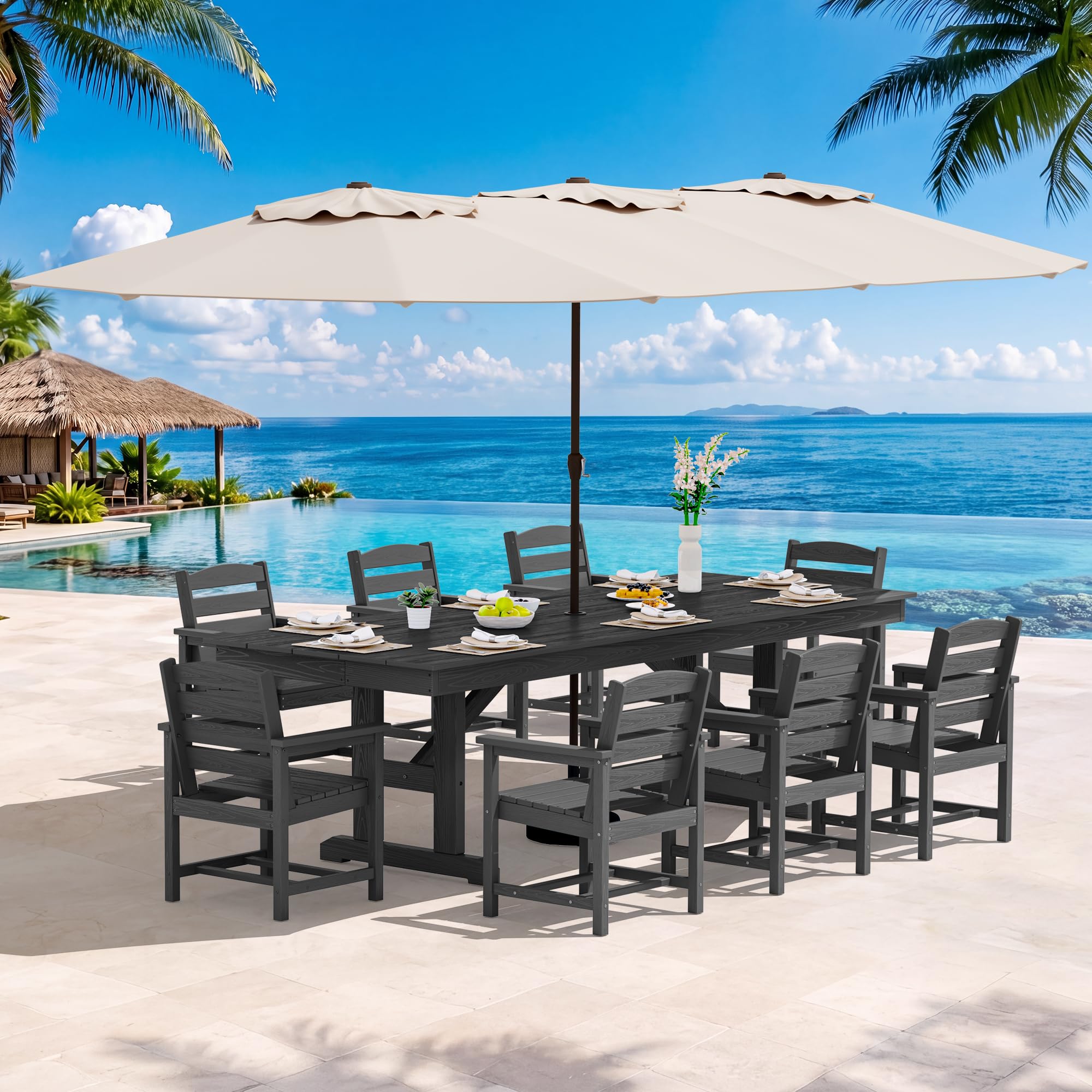 SERWALL 10Pcs 84" HDPE Outdoor Dining Set w/Armchairs &amp; Umbrella,Black