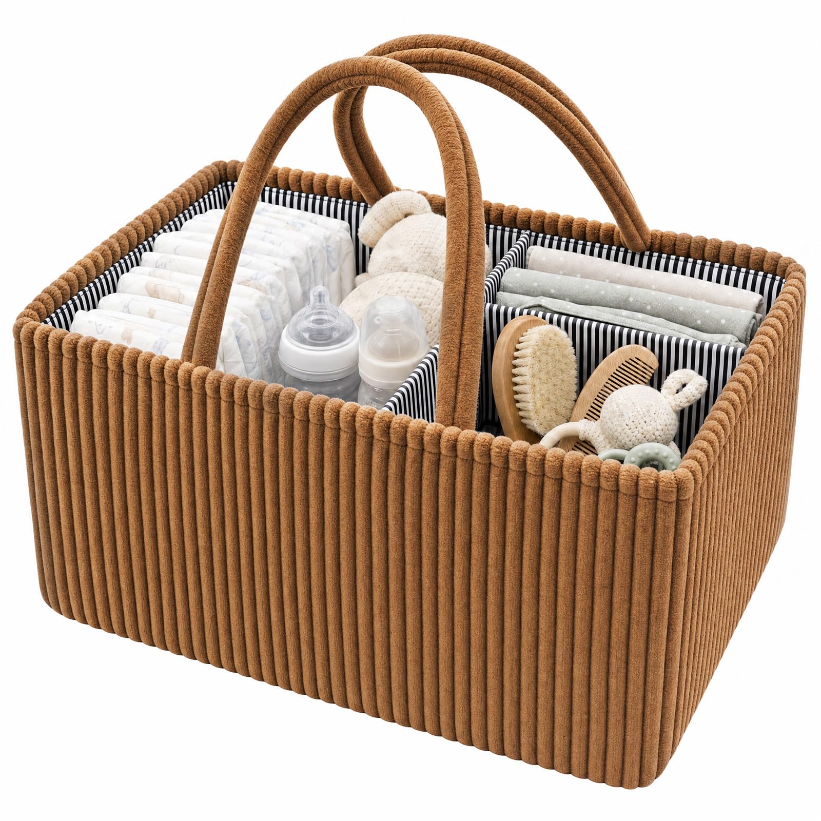 JEJUWE Nappy Caddy Organiser Baby Foldable Nursery Storage Basket Newborn Essential Baby Shower Present for Boy or Girl Car Diaper Caddy Corduroy for Changing Table(Dark brown)